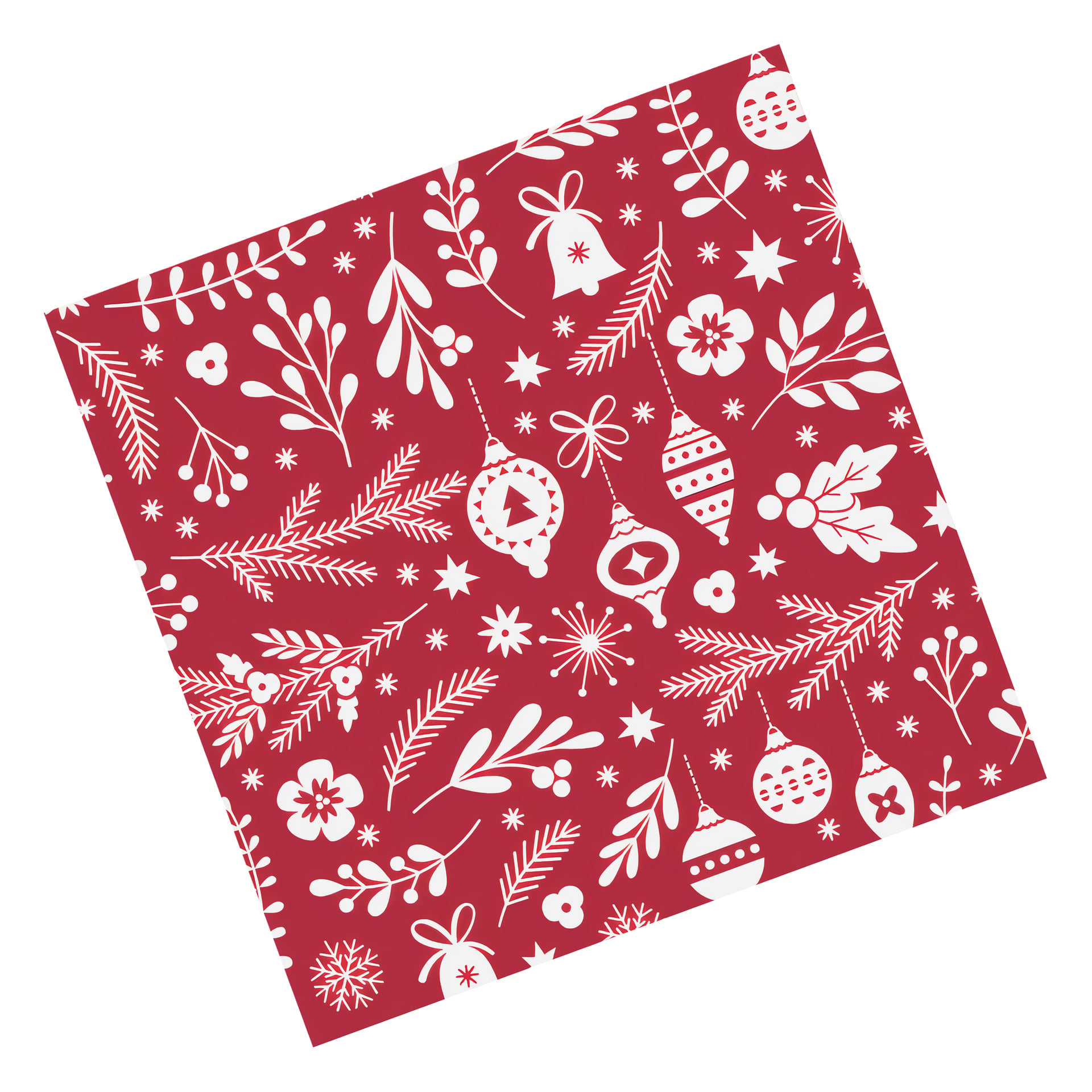 EKVIP Christmas servetter 20-paketet innehåller röda fyrkantiga servetter med vita festliga motiv—prydnader, stjärnor, tallgrenar, löv, bär och snöflingor—i en upprepad design med hörn vända i olika riktningar.
