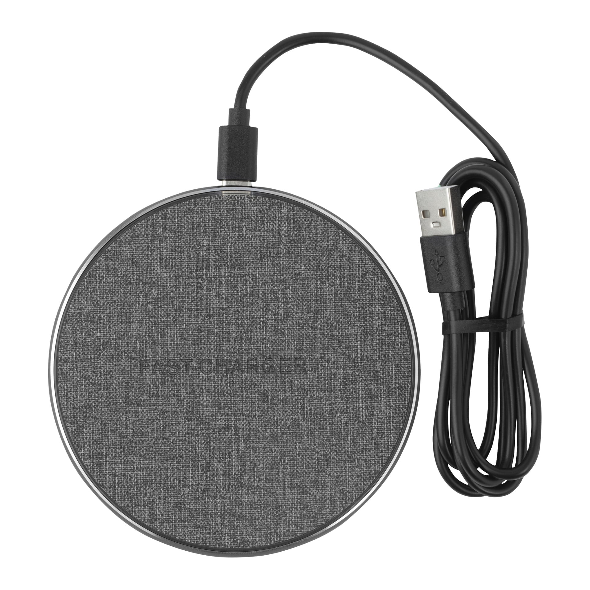 En rund grå Anslut trådlös laddare med ett texturerat tyglock och en svart USB-A-kabel ansluten.
