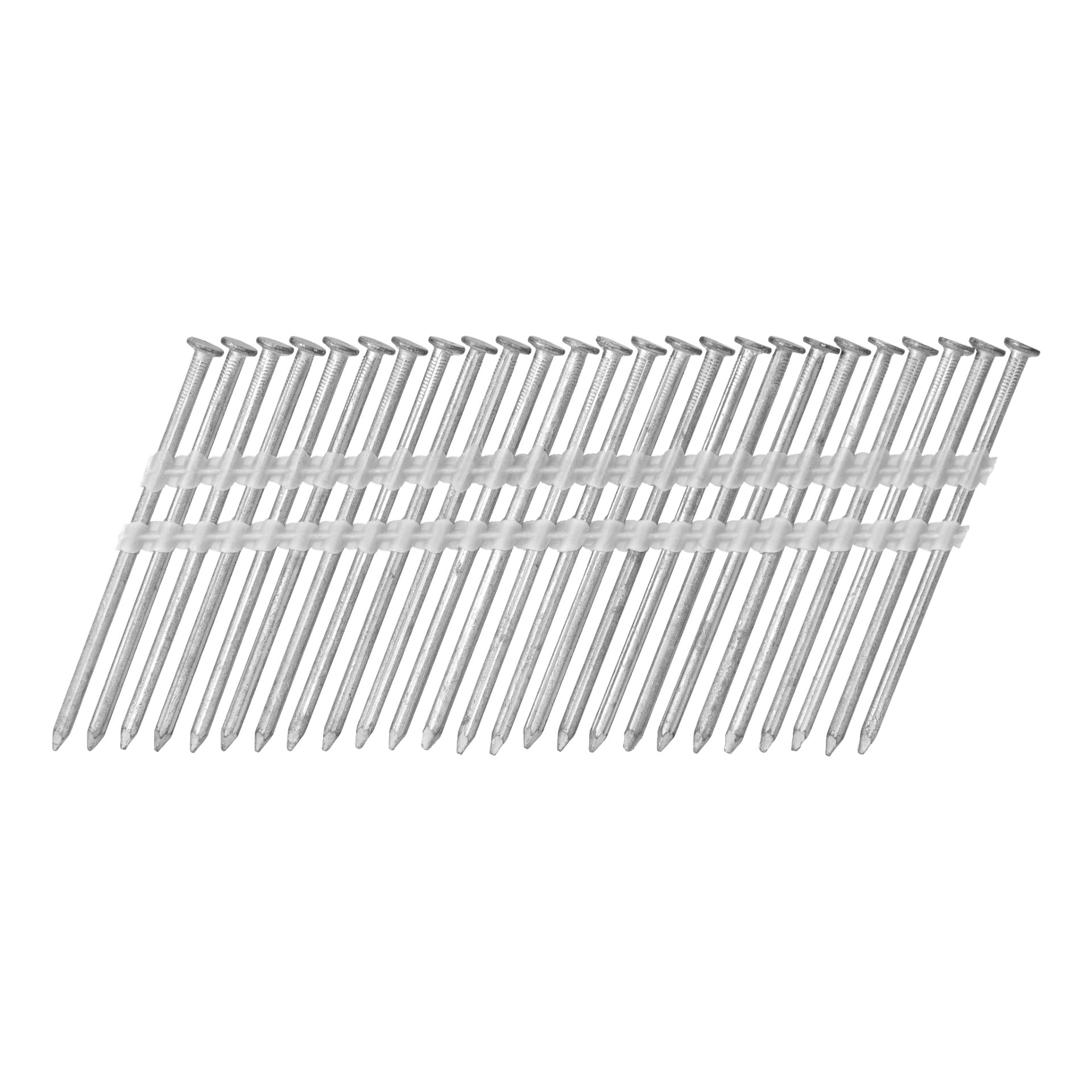 Tjugoen Hard Head Collated wire nails från ett 500-pack, sammanlänkade med två vita plastremsor och arrangerade diagonalt.