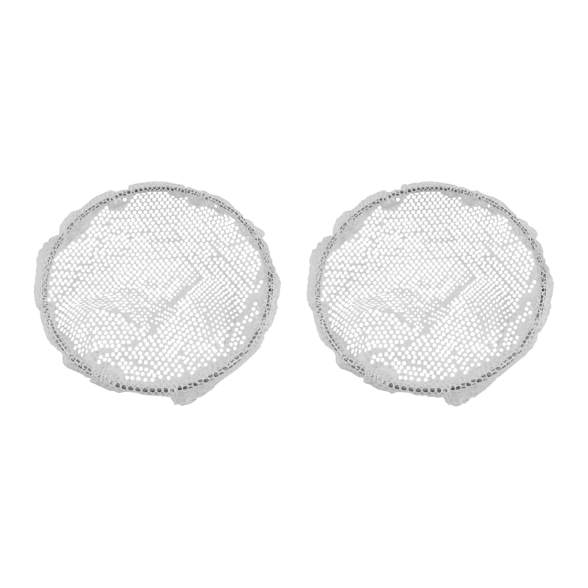 Hard Head Floor Drain Filter 2 Pack esittelee kaksi identtistä pyöreää valkoista verkkokantta, joissa on kuusikulmaiset kuviot ja aaltoilevat reunat vierekkäin.
