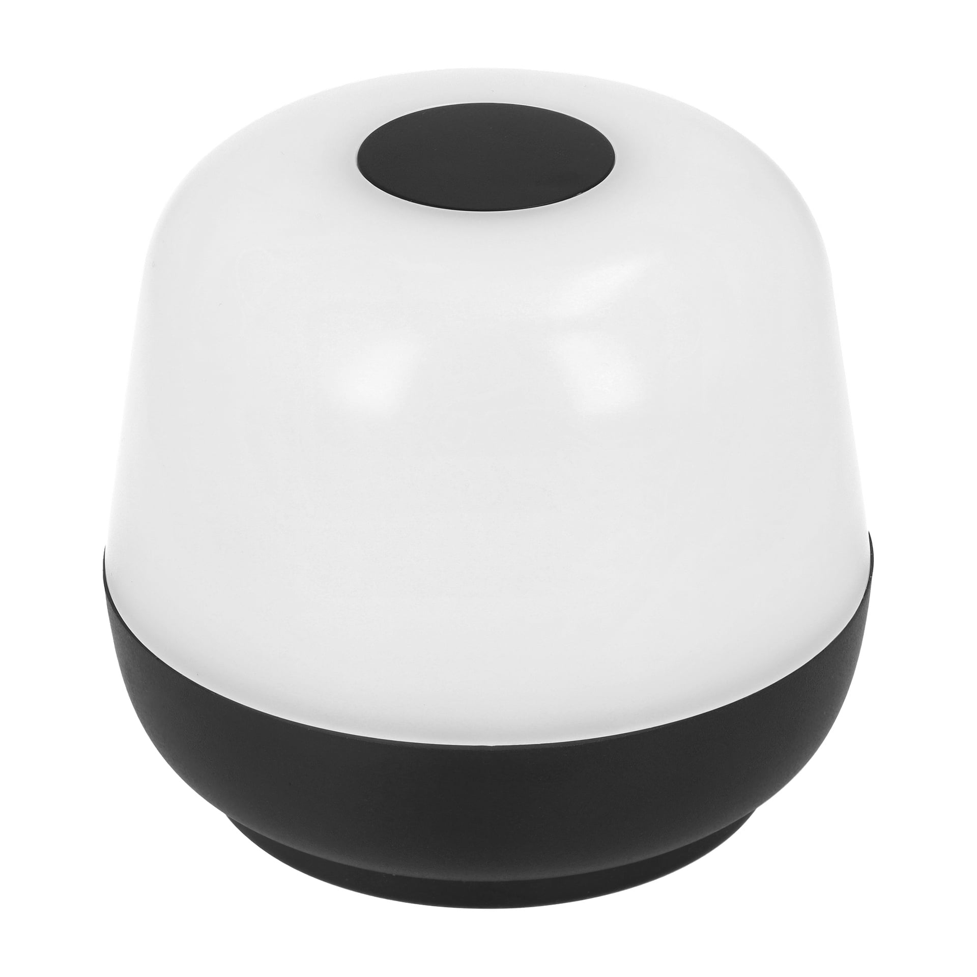 Anslut Portable-bordslampan har ett slankt, kompakt utseende med en vit kupolformad topp, svart sockel och en svart rund knapp i mitten.
