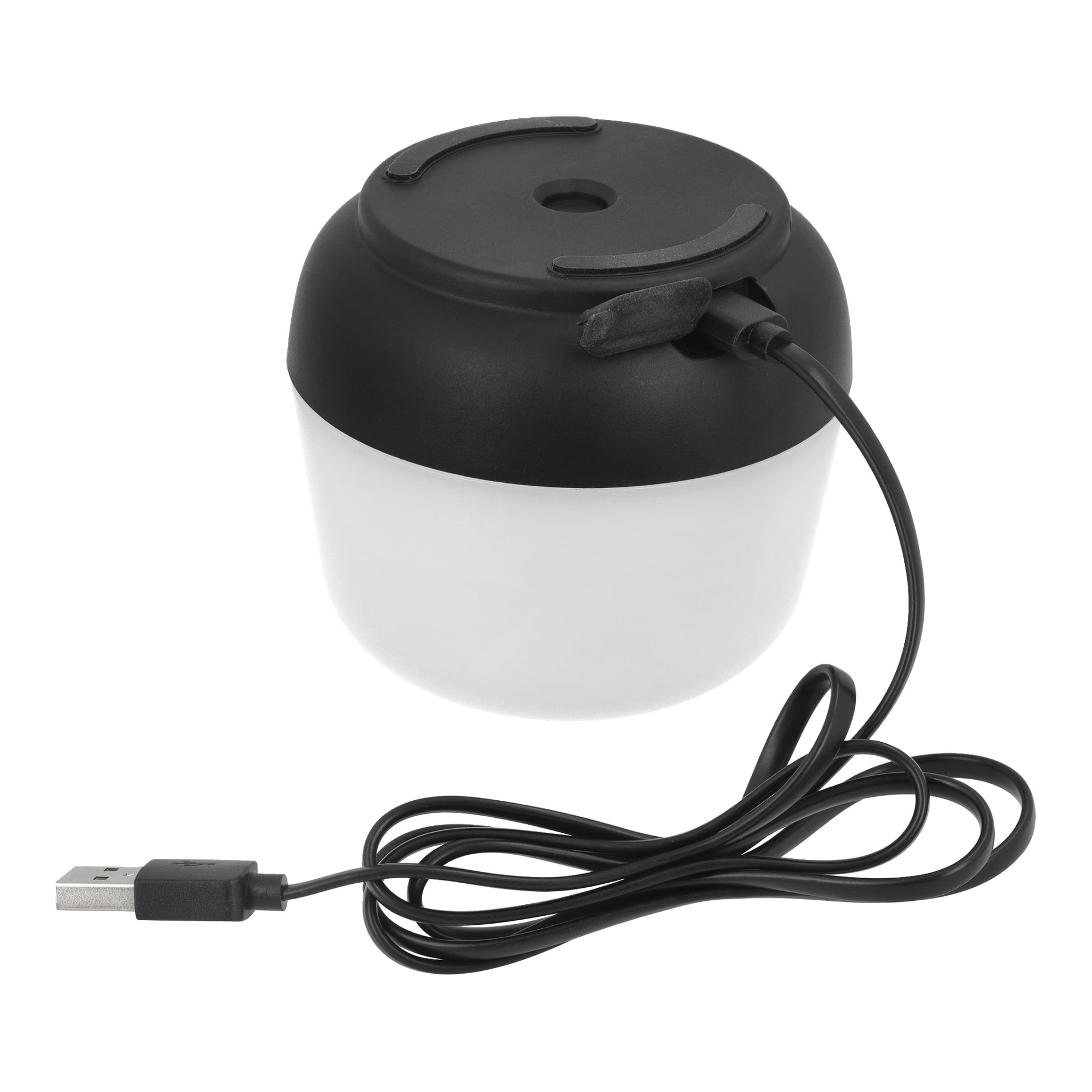 Anslut Portable-bordslampan är en kompakt, cirkulär enhet med svart topp och vit bas, ansluten till en USB-kabel.