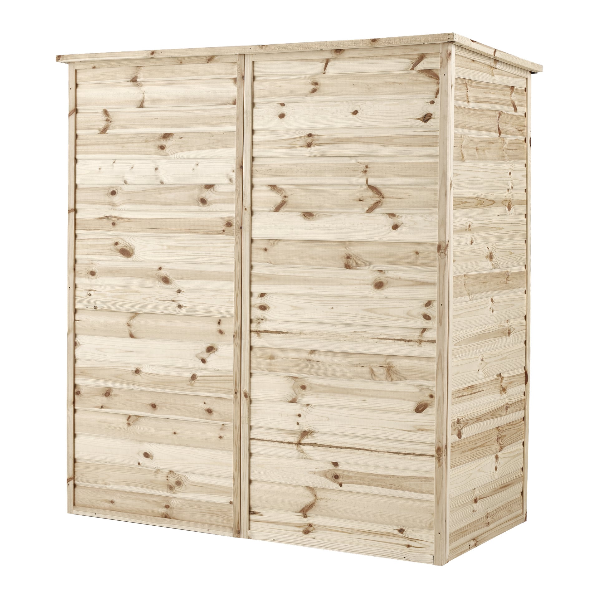 Hard Head Wooden förvaringsenhet i naturlig finish, med träådringar och knutar, har två vertikala skjutdörrar och en plan tak.