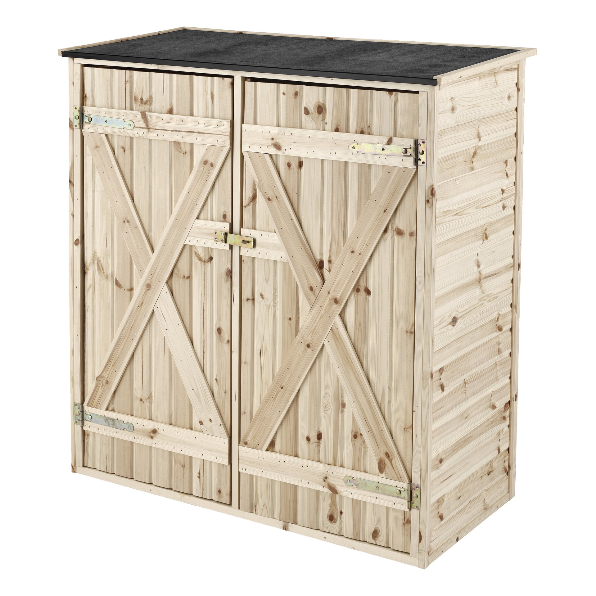 Hard Head Wooden förvaringsenhet har två gångjärnsdörrar med X-stag, ett platt svart tak och exponerad metallhårdvara.