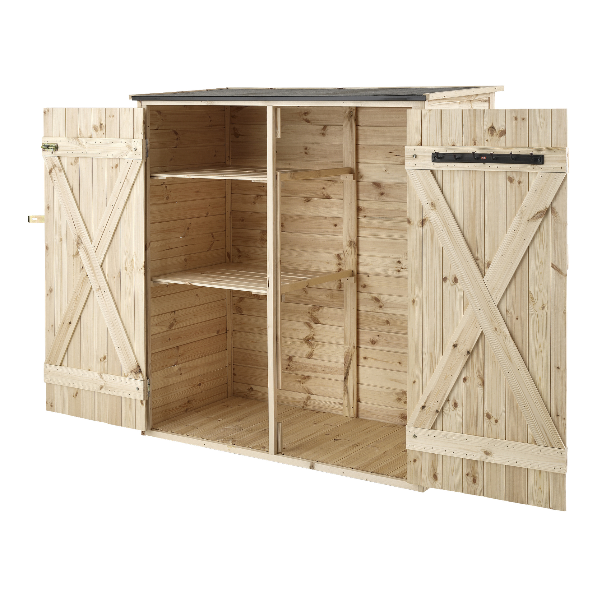 Hard Head Wooden Storage har två öppna dörrar, tre vänsterhyllor och ett högt höger fack i lätt trä med korsstager.