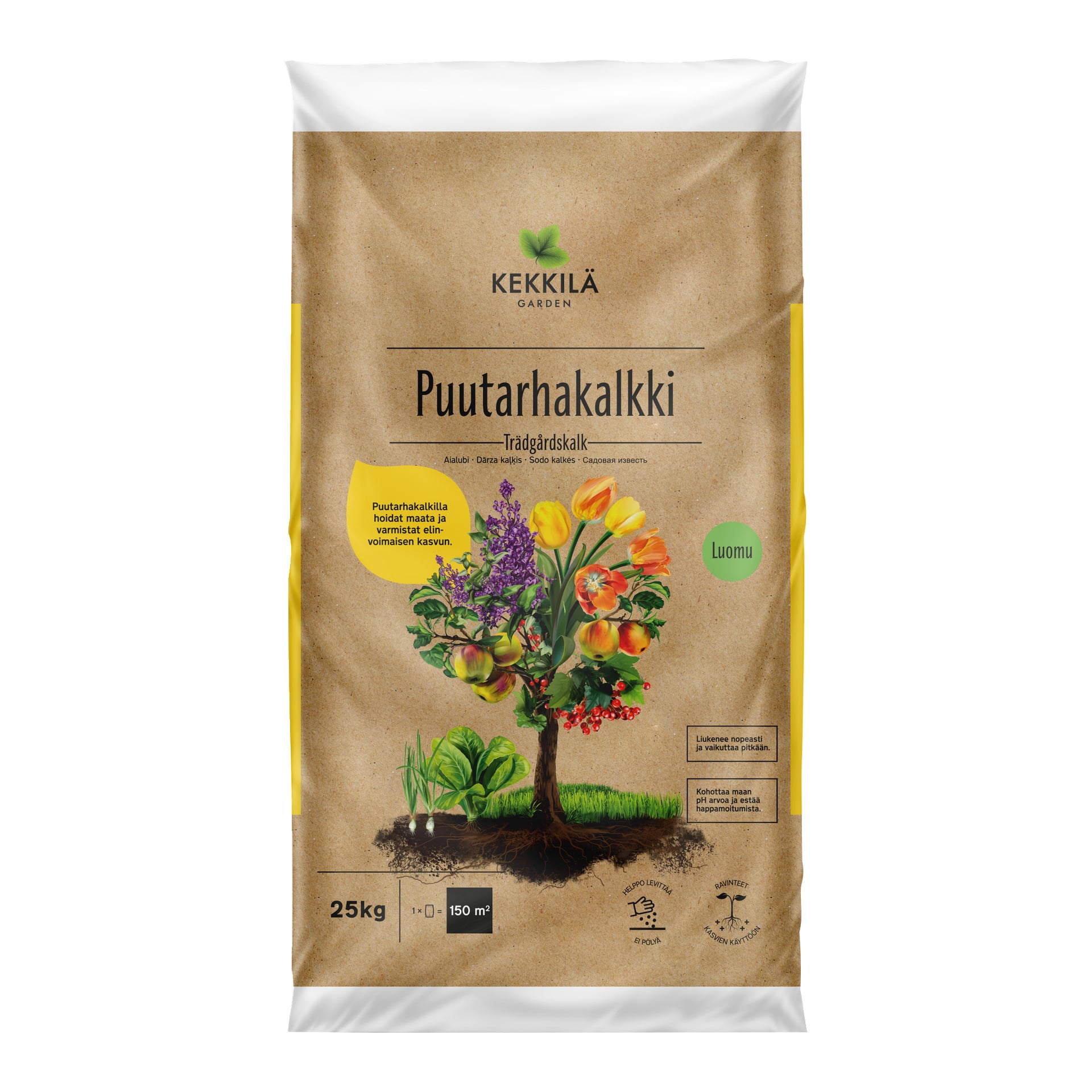 25 kg painoinen Kekkilä Garden -limepussi esittelee värikkäitä kasvi- ja vihannesgrafiikoita, tuotetietoja sekä "Luomu"-luomumerkinnän.