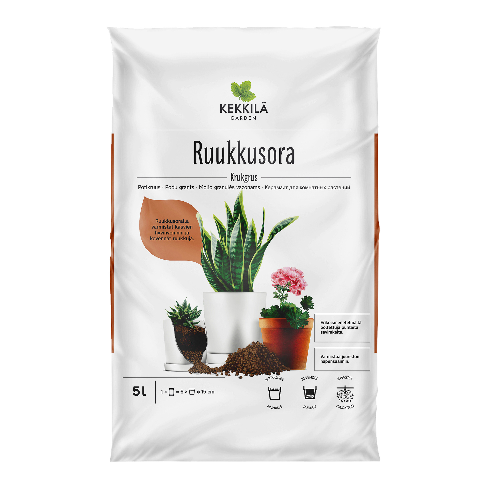 Valkoinen 5 litran pussi Kekkilä Potting -soraa sisältää kuvia kolmesta ruukkukasvista, ruskeat rakeet ja tuotetiedot etupuolella.
