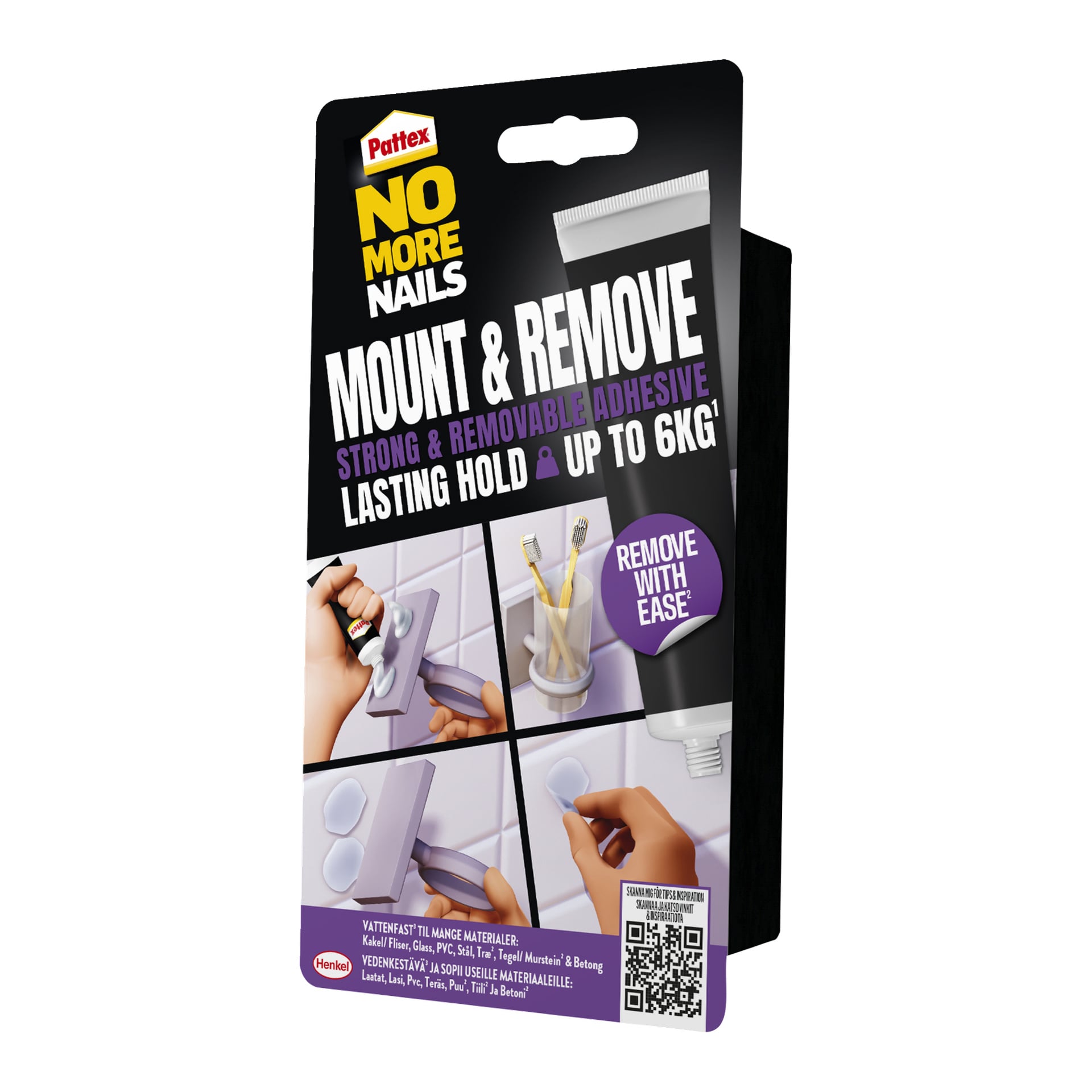Låda med Pattex NMN Mount & Remove lim med ett rör, ikoner för montering, borttagning, rengöring och text som anger 6 kg starkt håll.