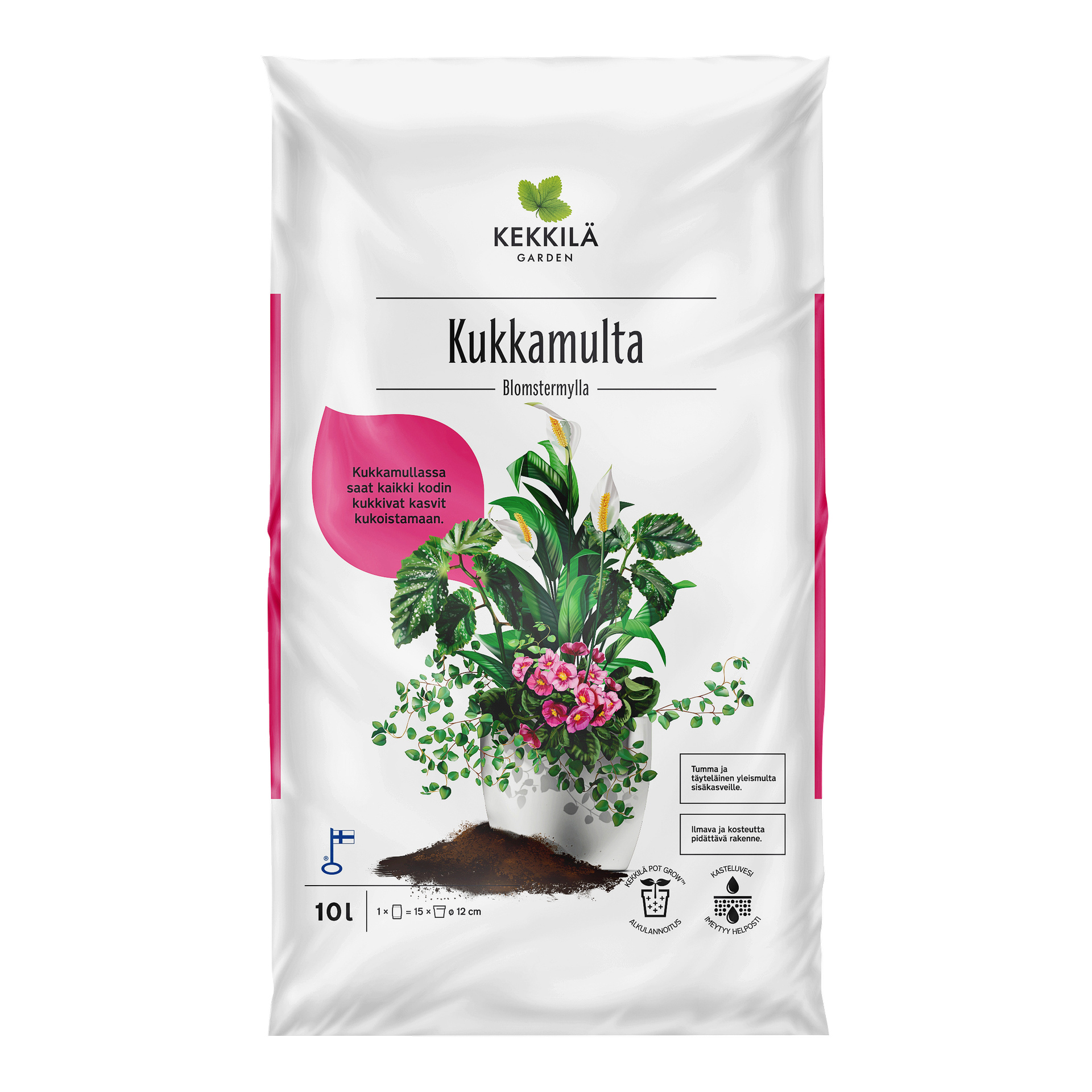10-litraisessa Kekkilän multapussissa on piirroksia kukkivista huonekasveista ja maasta sekä tuotetiedot ja hoitokuvakkeet etupuolella.