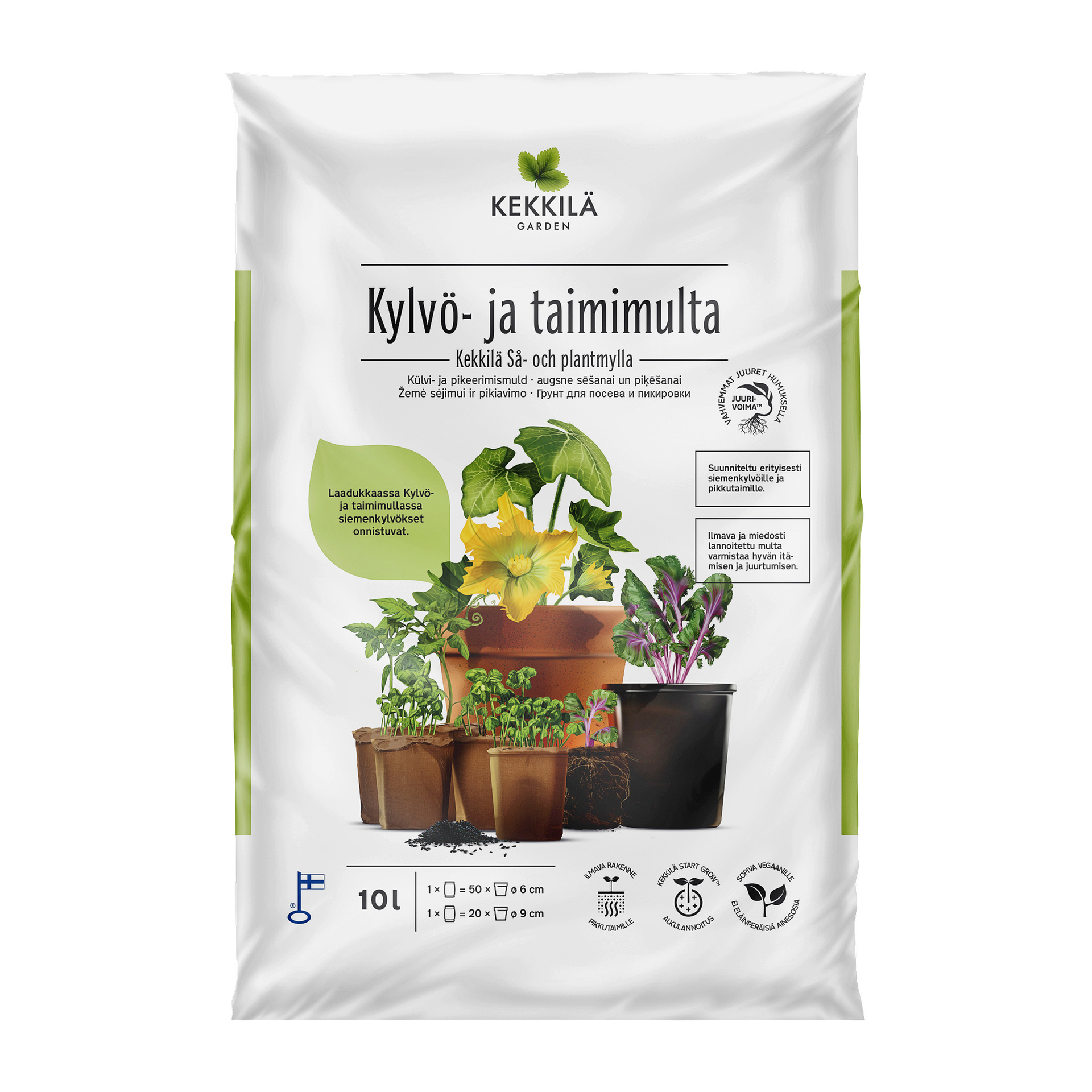Valkoinen 10L Kekkilä Sowing and Planting Mulch -pussi, jossa on kuvia ruukkuyrteistä, vihanneksista, tuotetiedoista ja käyttöohjeista.