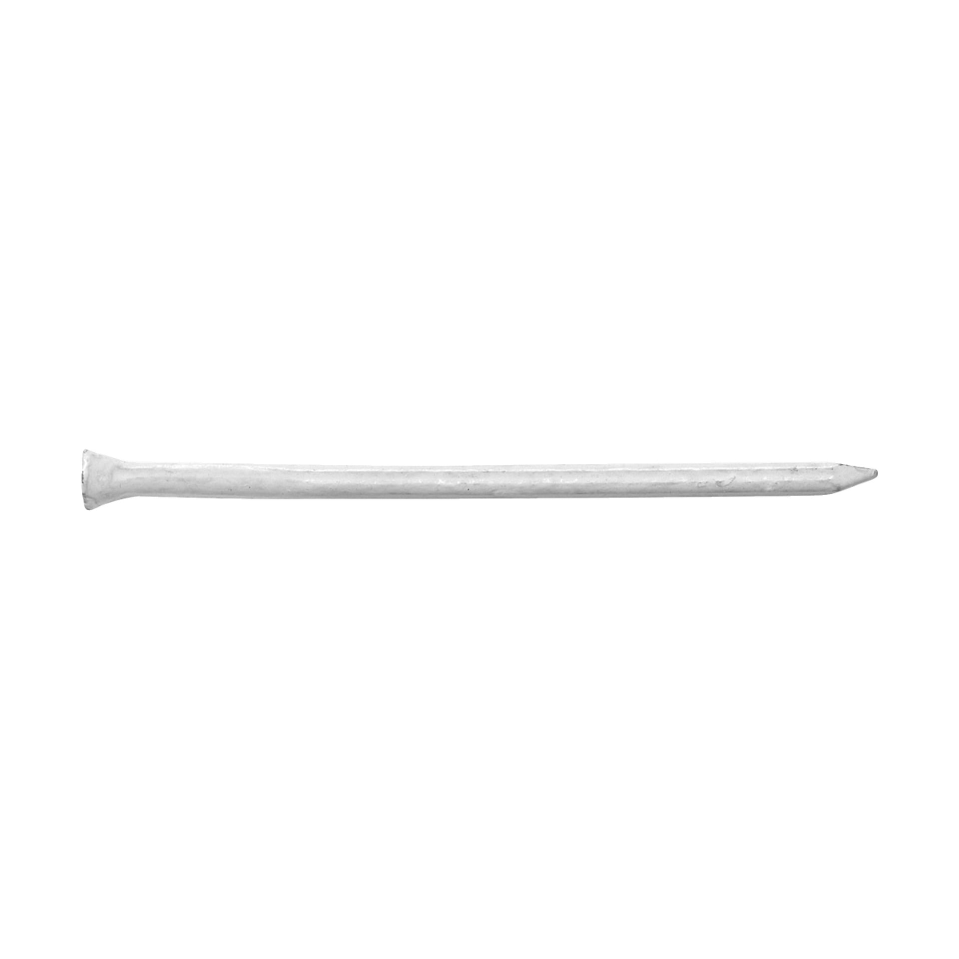 En enda silverfärgad metallnagel från Hard Head Brads med ett platt huvud och en spetsig spets, placerad horisontellt.