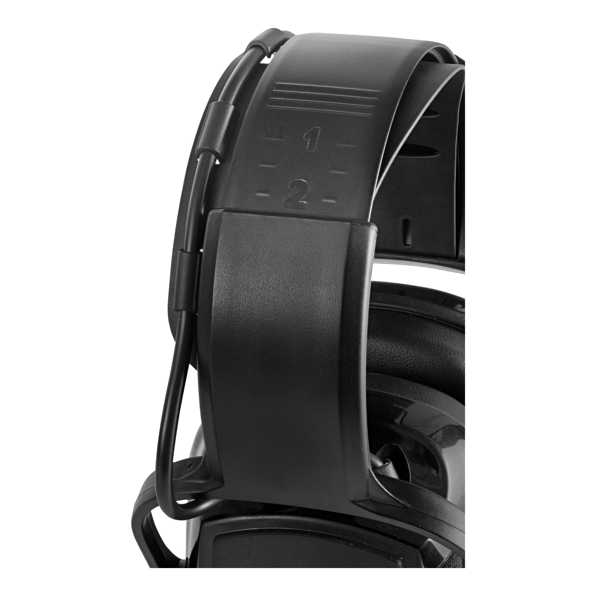 Närbild på det justerbara pannbandet på Bluewear Earmuffs med Bluetooth, där storlekssiffrorna "1" och "2" visas på det svarta bandet.