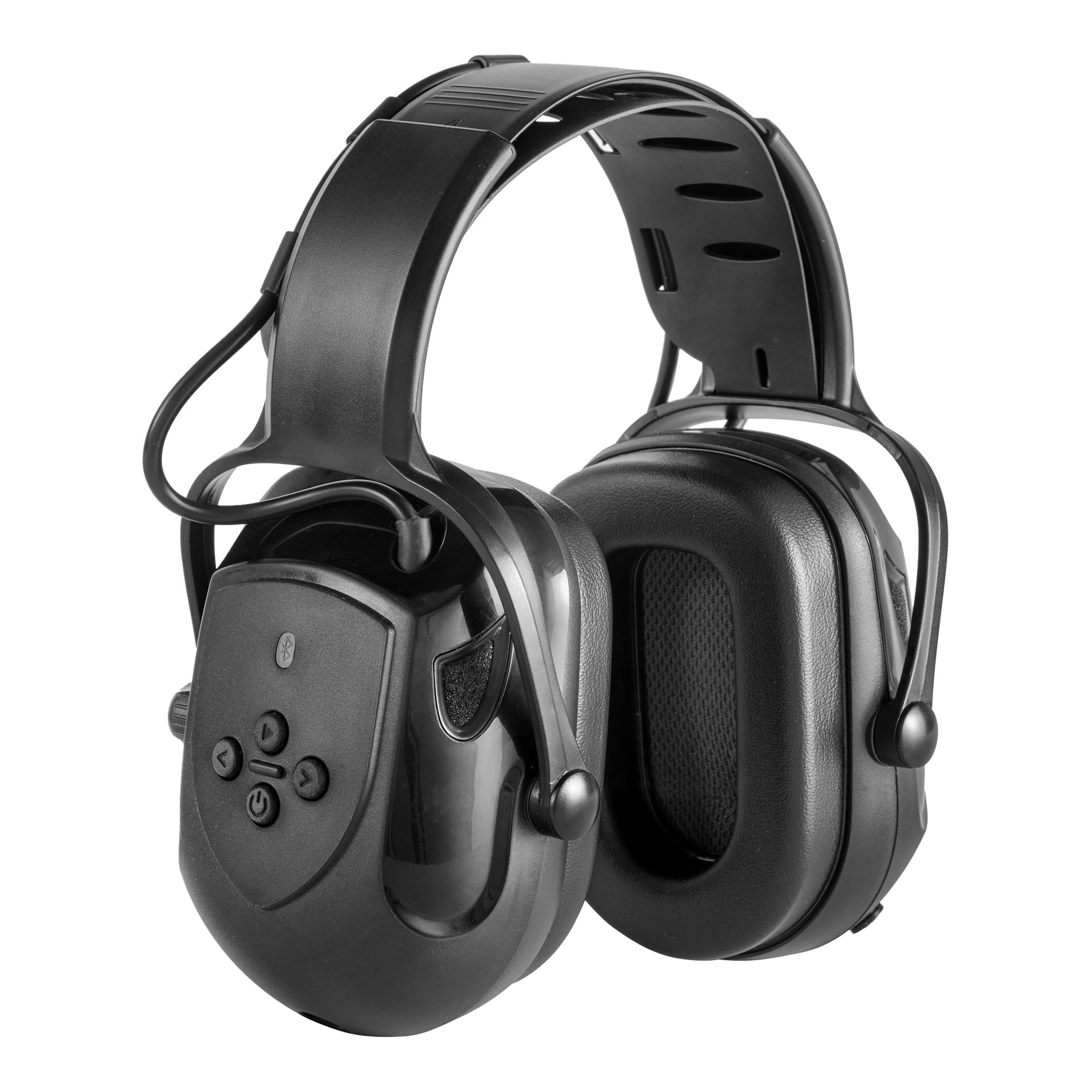 Svarta Bluewear Bluetooth-hörselskydd med dämpade öronkuddar, vadderad huvudband, stora öronkåpor och sidoknappar.