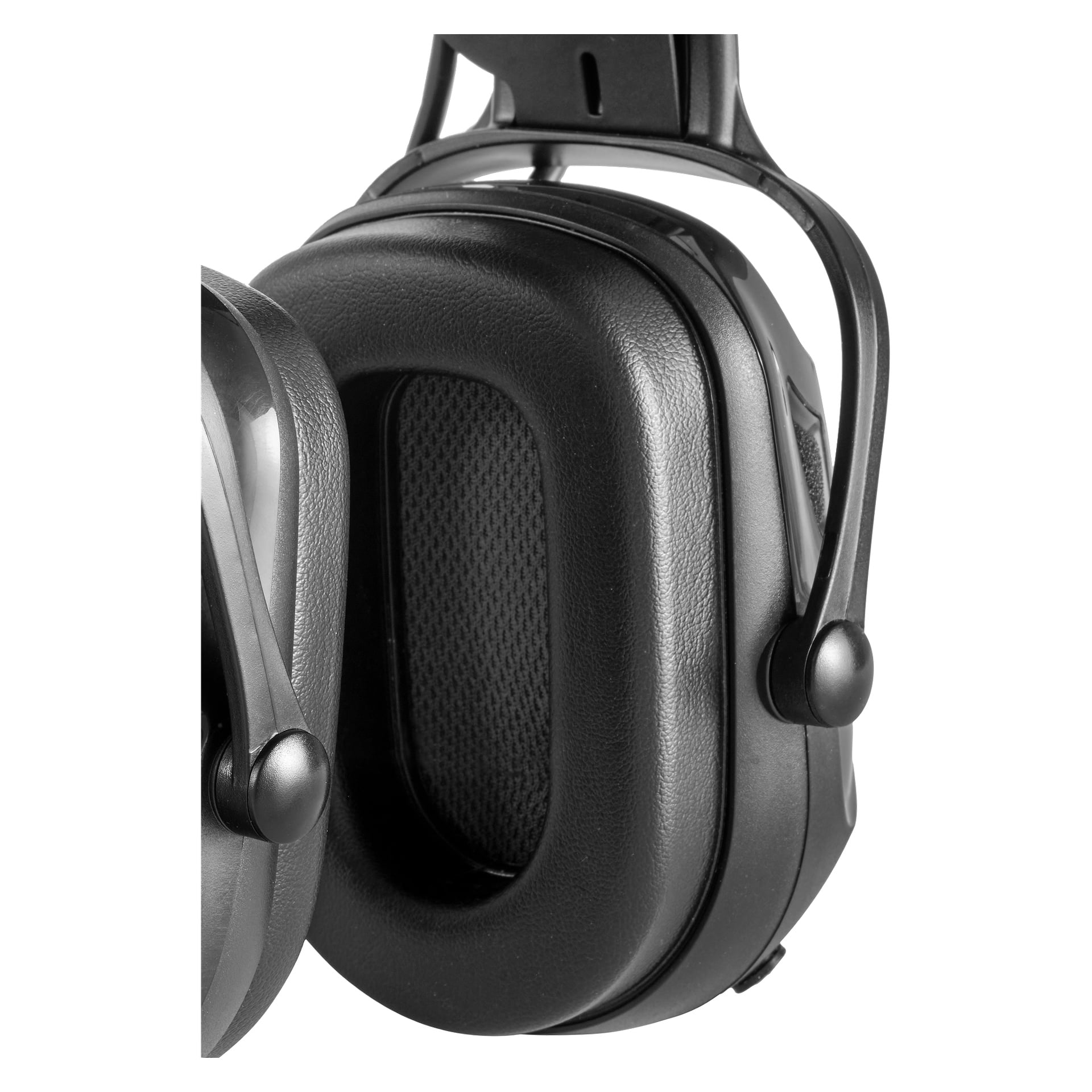 Detaljerad närbild på Bluewear Earmuffs med Bluetooth, med fokus på mjuka dämpade öronkåpor, vadderade hårband och robust skal.