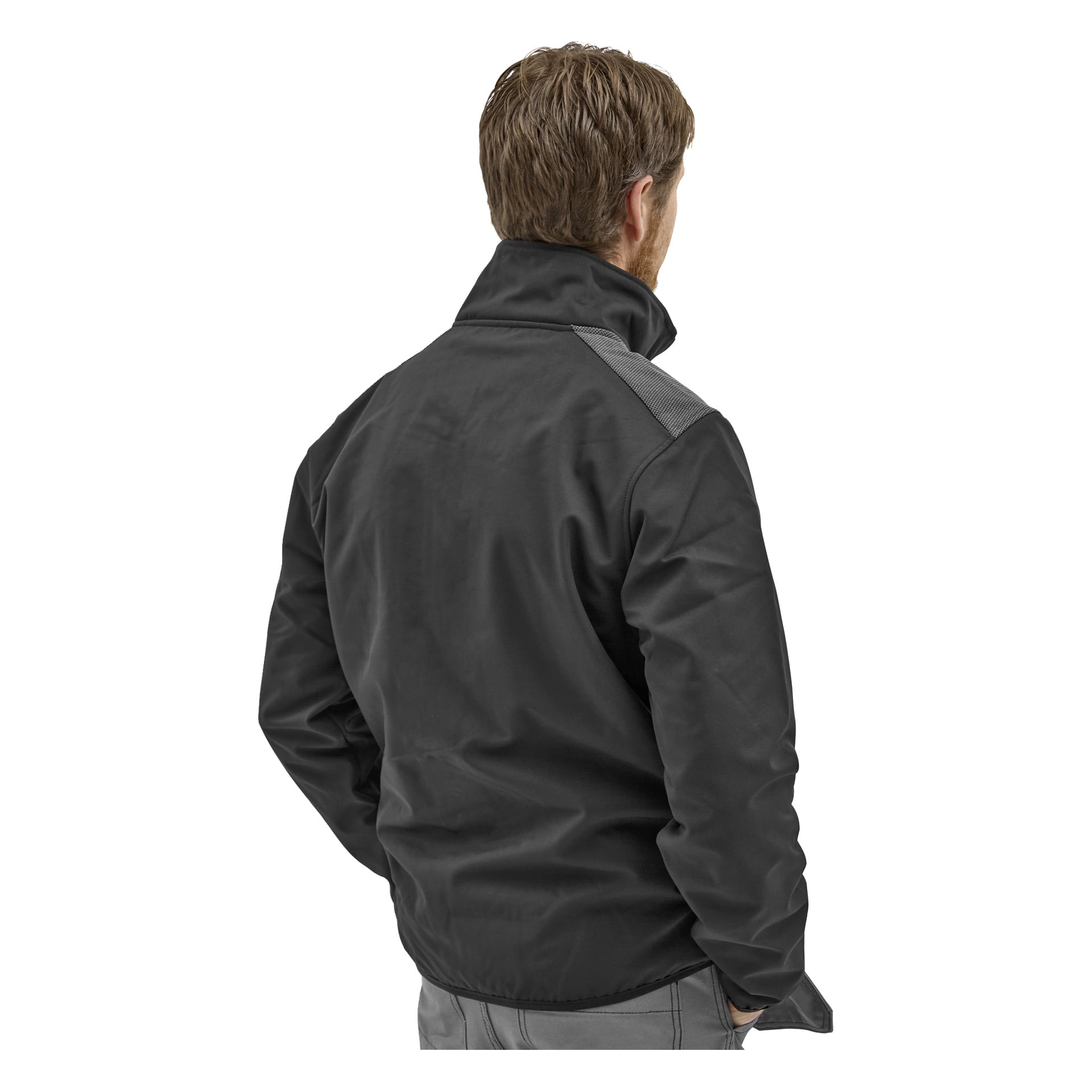 En person med lysebrunt hår, sett bakfra, har på seg Bluewear Simon softshell-jakke med svart høy krage og grå aksent, pluss lysegrå bukser.