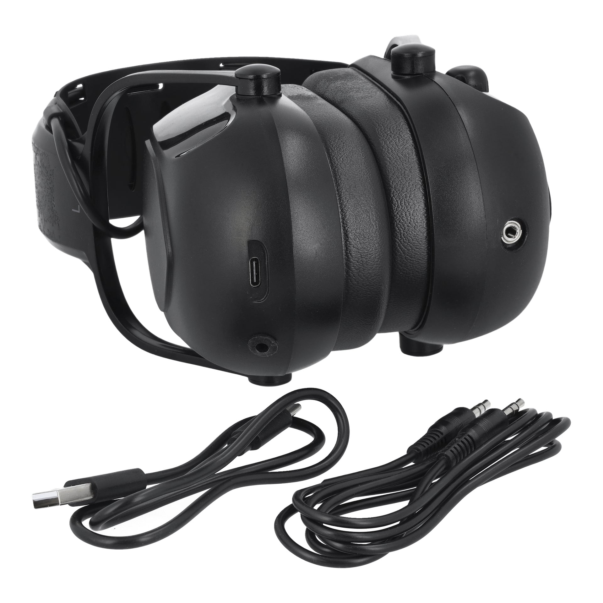Svarta Bluewear Bluetooth-hörselskydd med två knappar på varje öronkåpa, plus USB-laddning och 3,5 mm ljudkablar fram.