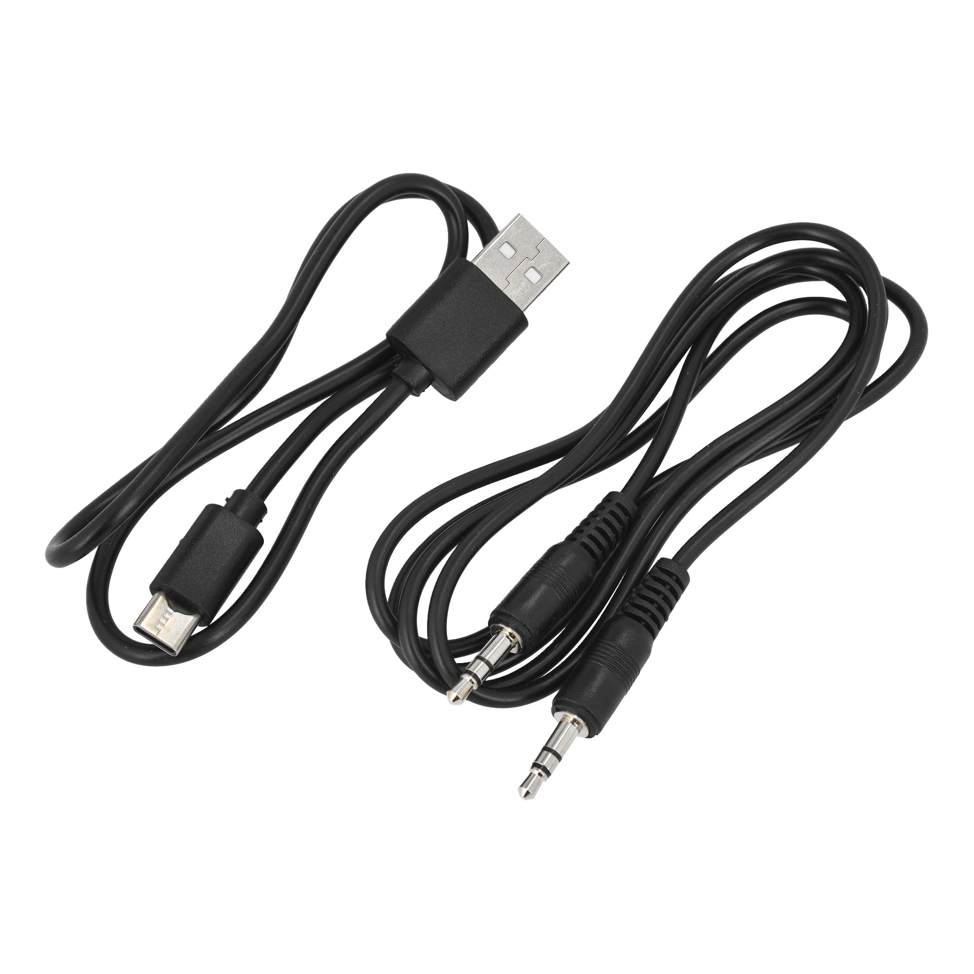 Två svarta kablar för Bluewear hörselmuffar med Bluetooth: en USB till micro-USB laddningskabel och en 3,5 mm han-till-hane ljudkabel.