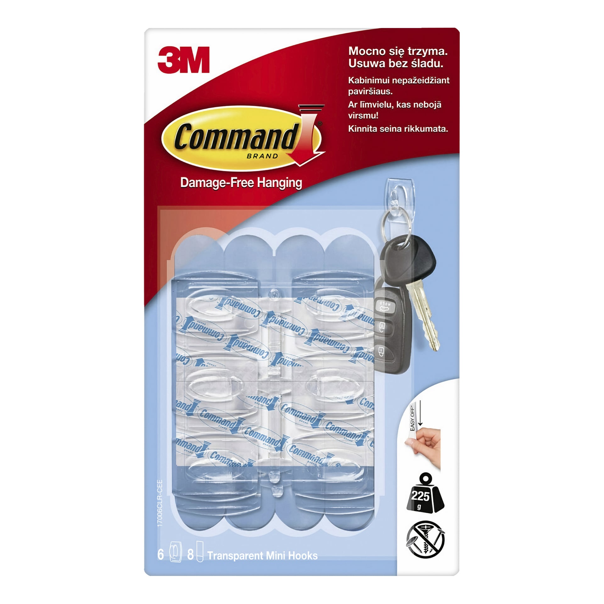 Command 6-pack Transparent Mini Hooks oferują zawieszenie bez uszkodzeń – 6 haczyków i 8 pasków. Pakiet pokazuje klawisze na haku jako przykład.