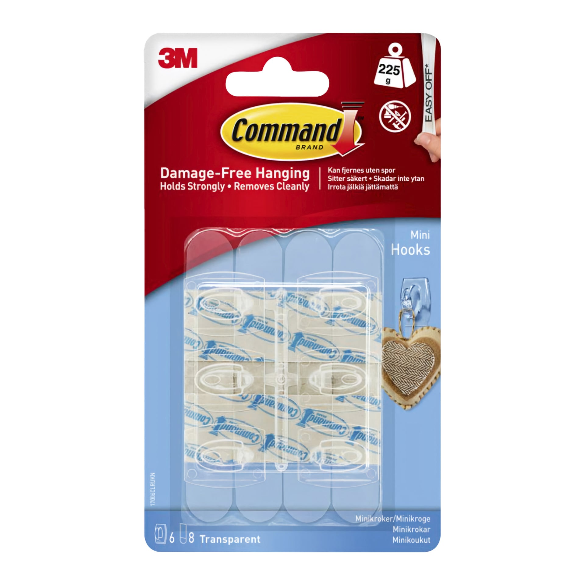 Command 6-pakning med små selvklebende gjennomsiktige kroker med åtte strimler, rommer opptil 225 g, tillater skadefri henging, inkluderer instruksjoner.