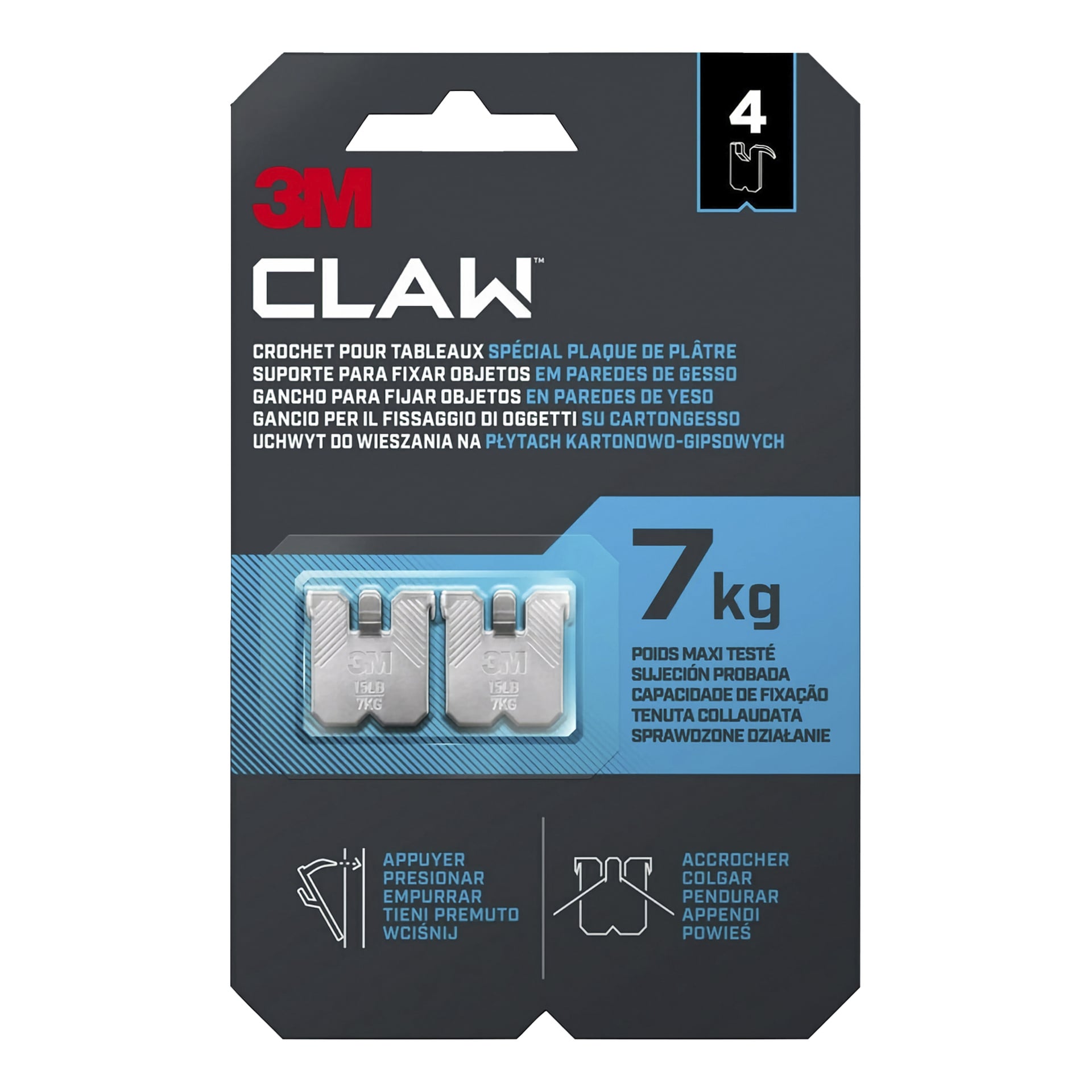 Opakowania do wisiątek płyt kartonowo-kartonowych CLAW 4-pack, pomieszczenie do 7 kg. Na froncie znajdują się dwa metalowe wieszaki, instrukcje oraz, szary i niebieski wzór.