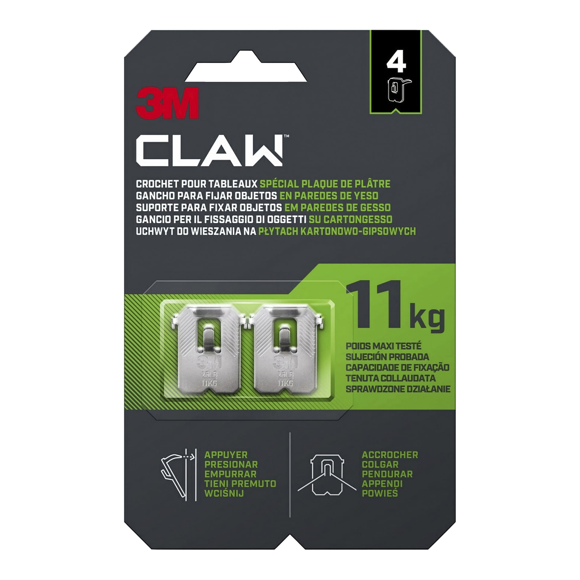 Przednie opakowanie wieszaka CLAW na 4-kartonowe (do 11 kg) pokazuje dwa metalowe haczyki oraz schemat z montażem.