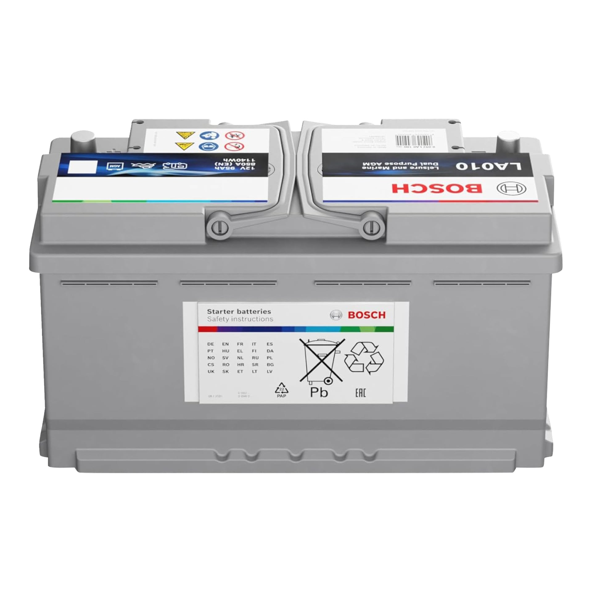 Grå Bosch AGM fritidsbatteri LA010, frametiketter visar säkerhetsinformation och varningar, två tydligt markerade terminaler ovanpå.