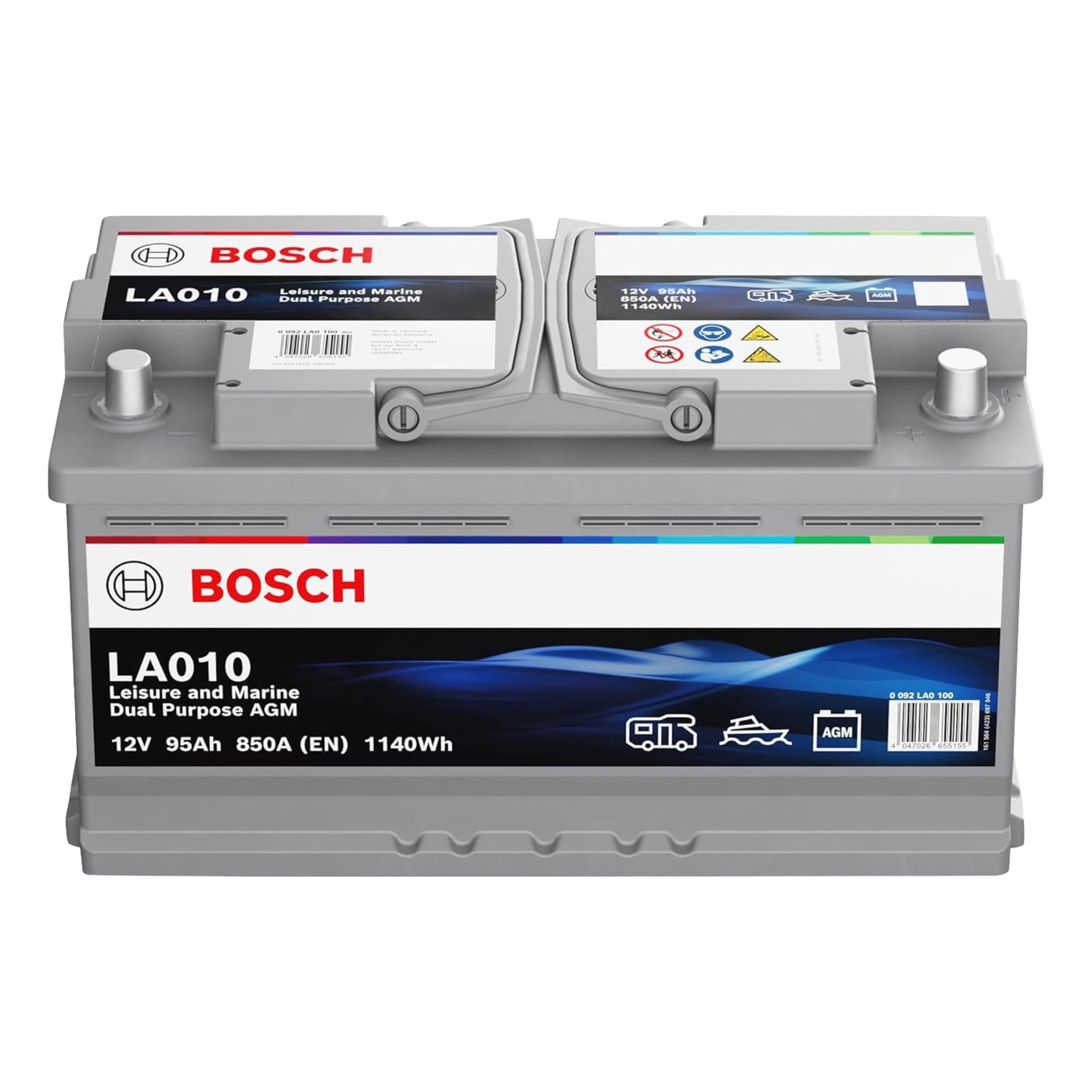Bosch AGM LA010-batteri, 12V 95Ah 850A (EN) 1140Wh, dubbeländamål för marin och fritid; ikoner visar användningsområden och säkerhetsdetaljer.