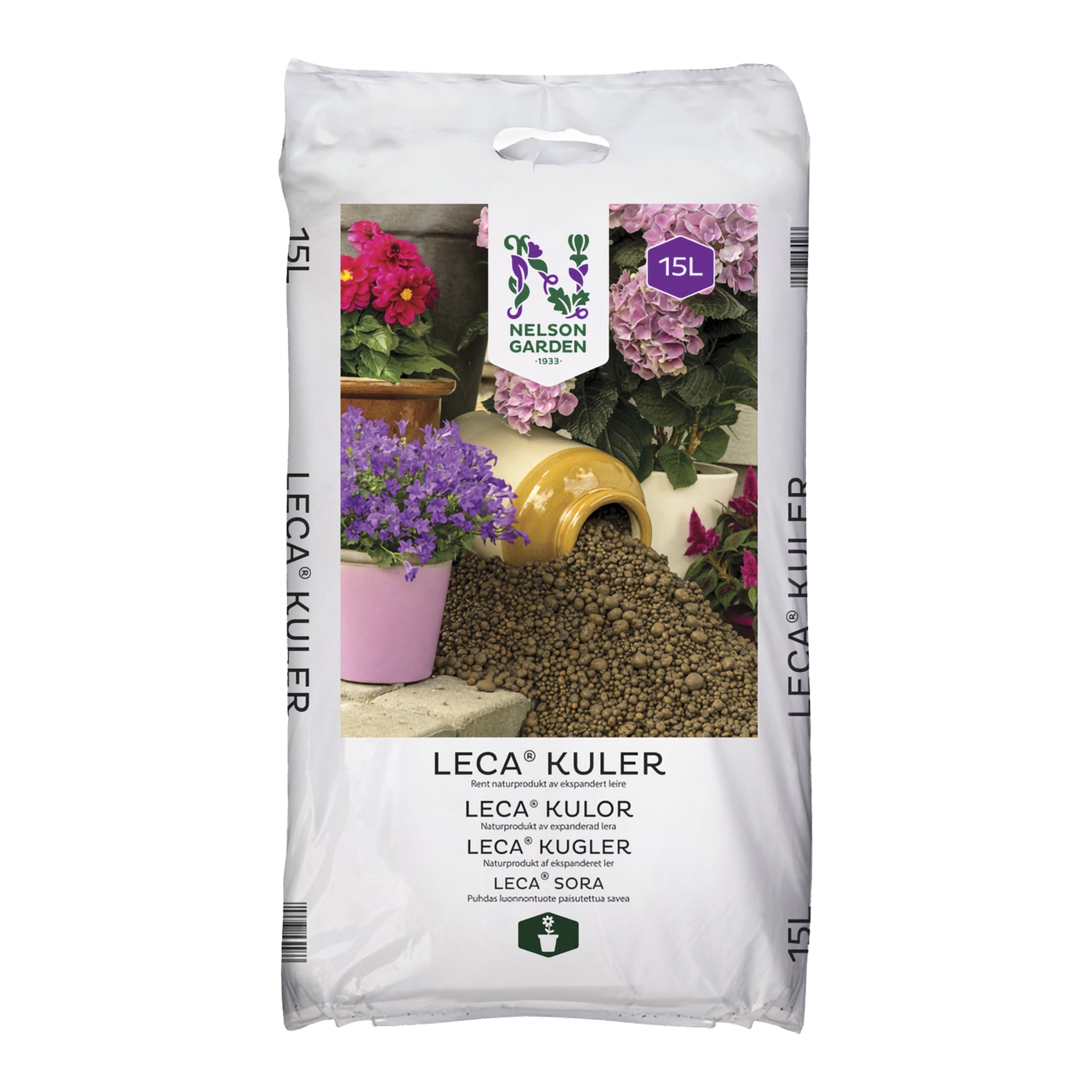 Hvit 15L Nelson Garden Leca pelletspose med leirpellets, potteblomster, en rosa potte og merkede produktdetaljer.