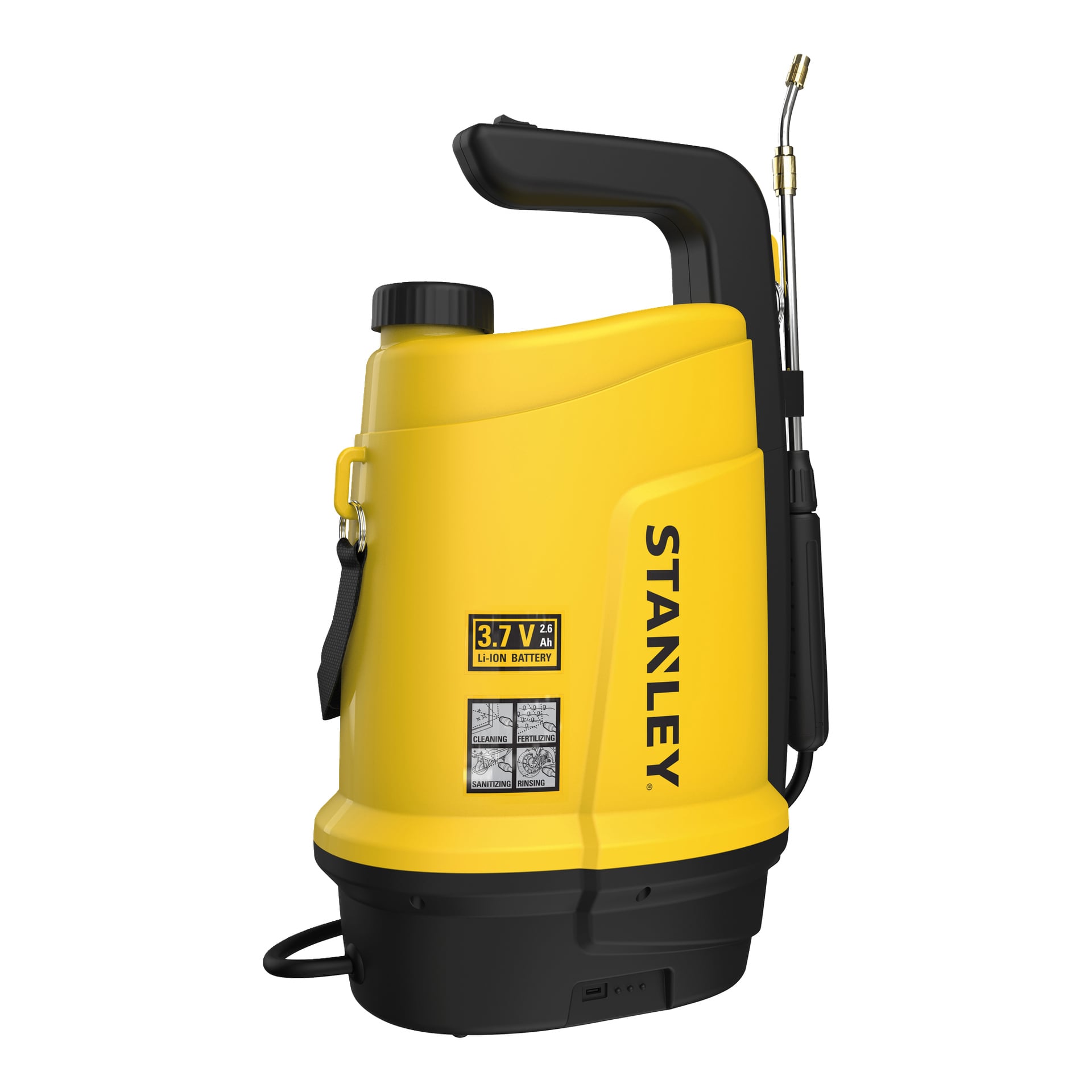 Stanley trådlös tryckspruta med teleskophandtag, justerbar ratt, metallstav och ett 3,7V Li-Ion-batteri.