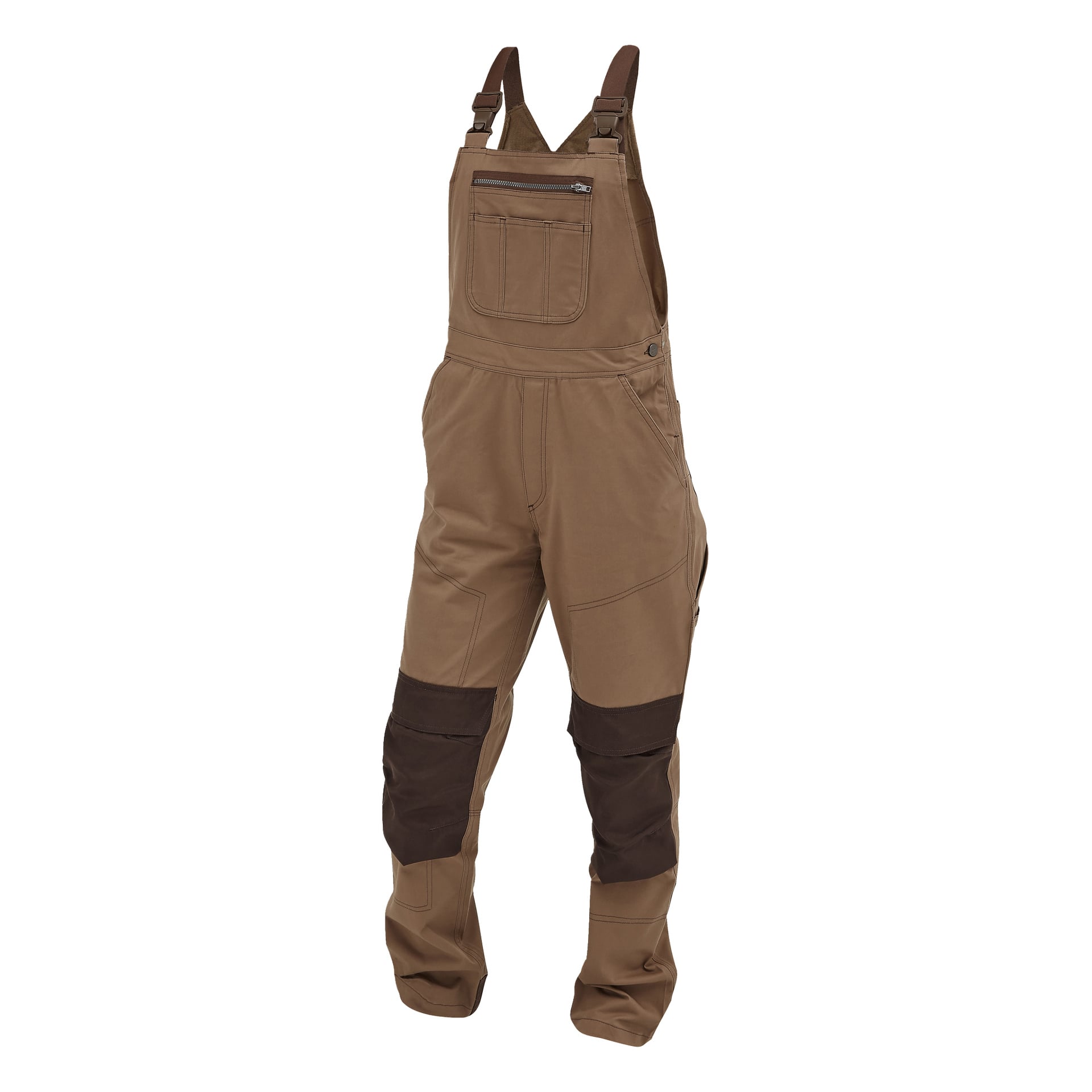 Bruna canvas Bluewear Jill damoverall med mörkbruna knälappar och matchande remmar.