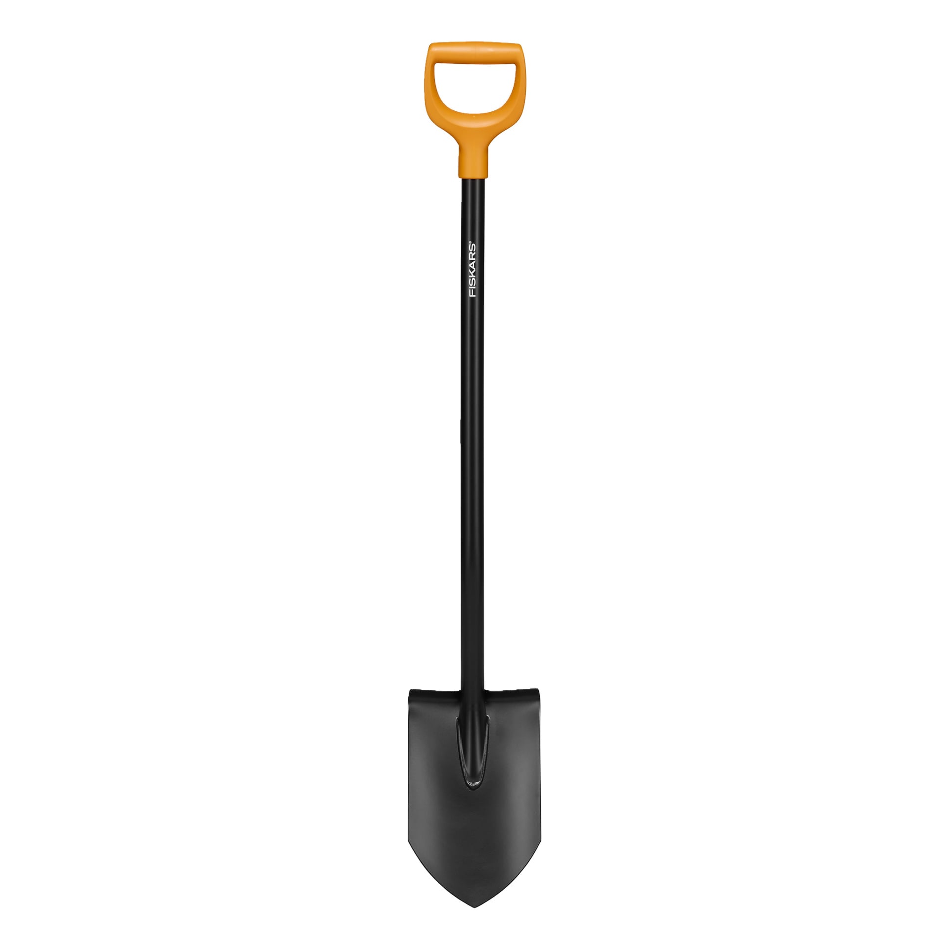 En Fiskars spiss spade, svart med gult D-grep og "Fiskars" på skaftet, med et skarpt blad for hagearbeid.