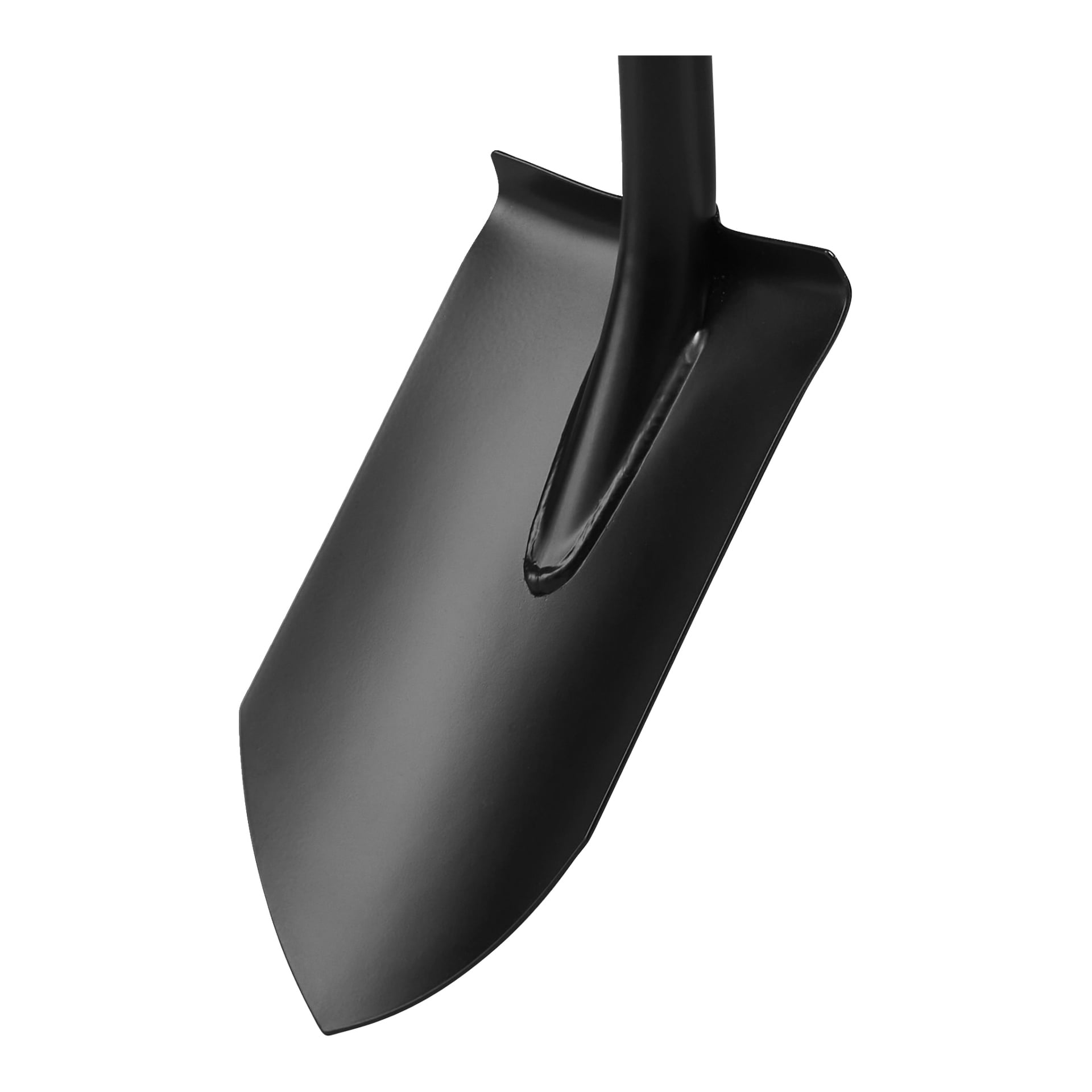 Detaljert bilde av Fiskars Pointed Spade Solid som viser det svarte, spisse bladet med buet egg og solid metallhåndtak.
