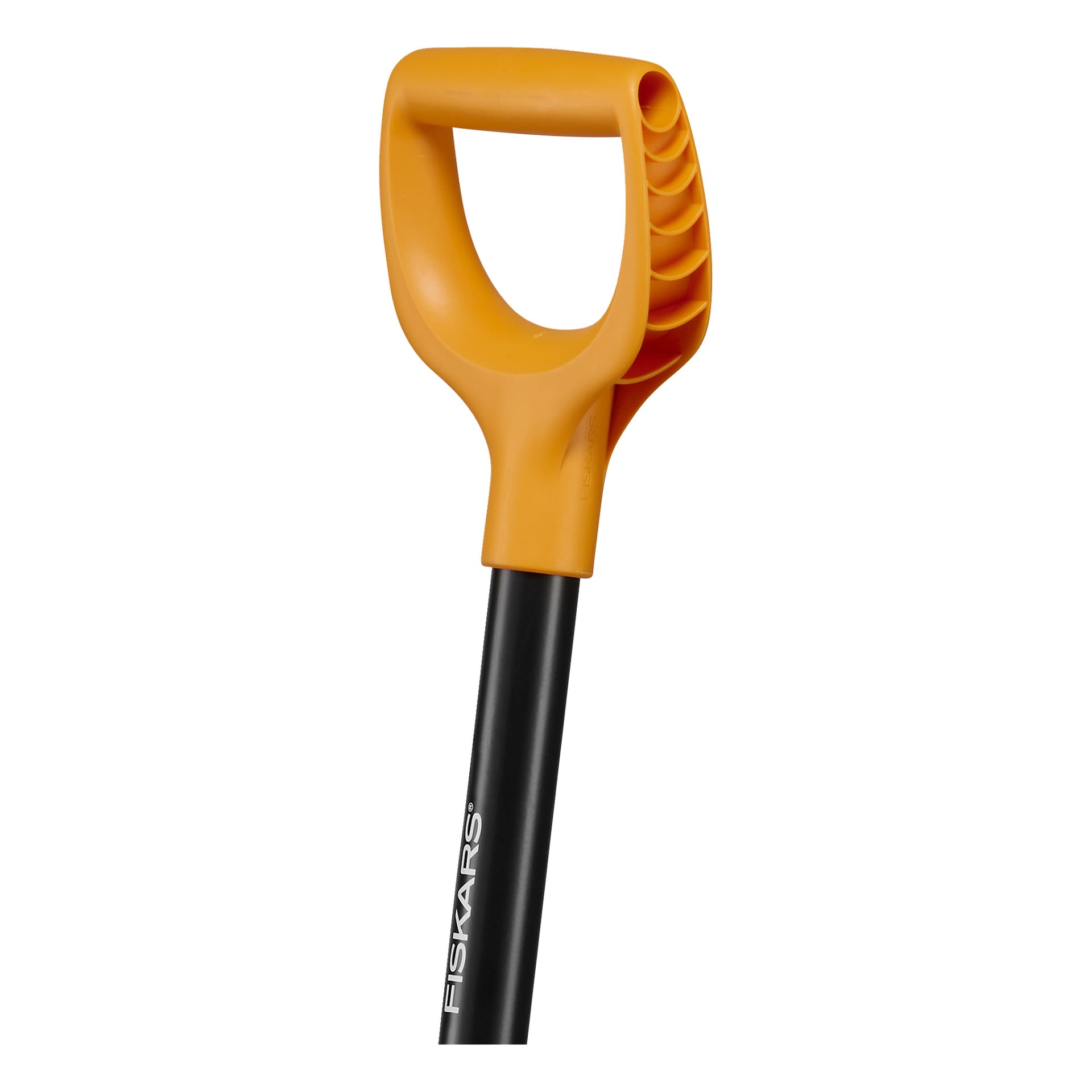 Nærbilde av en Fiskars spiss spade med solid håndtak, gult D-formet grep, svart skaft og FISKARS-logo på skaftet.