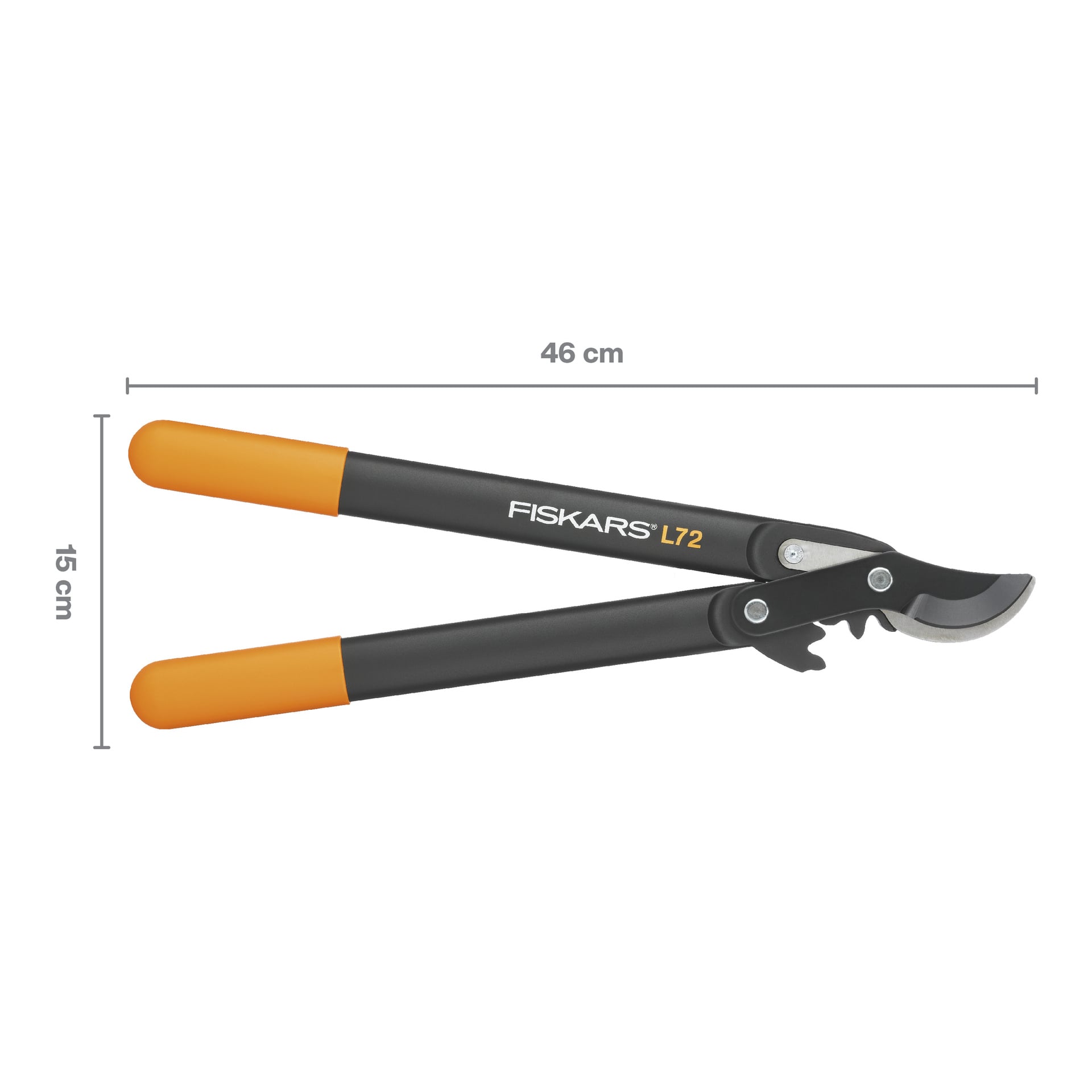 Nożyce do cięcia Fiskars PowerGear L72 S z pomarańczowymi rączkami, wymiary 46 cm na 15 cm, pokazane na neutralnym tle.