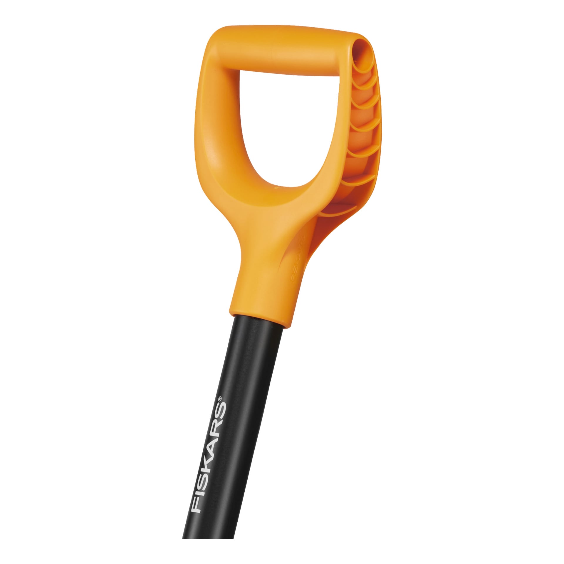 Nærbilde av en Fiskars hagegaffel med solid håndtak, oransje ergonomisk D-formet grep, svart skaft og FISKARS-merking.