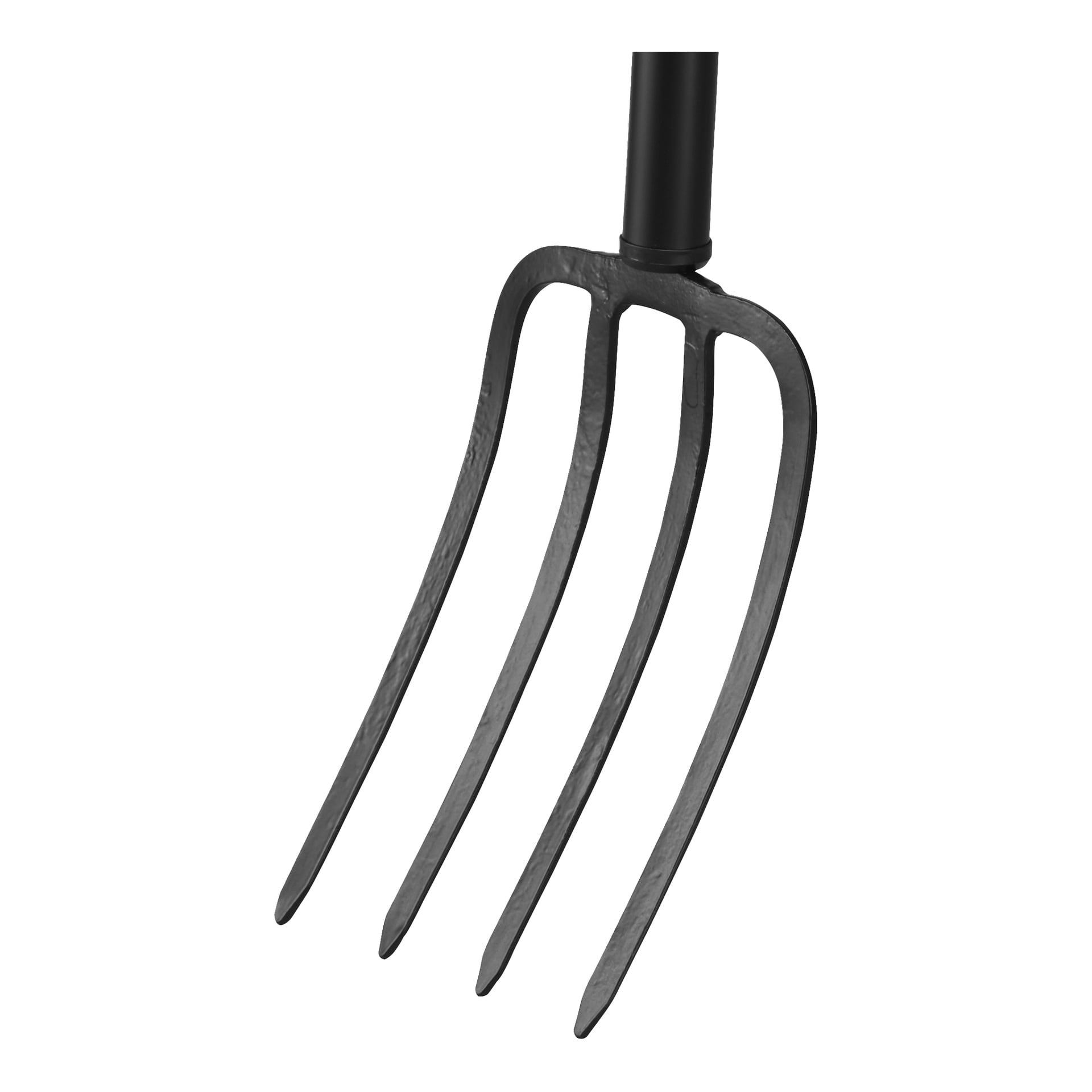 Nærbilde av Fiskars Gardening-gaffelen Solid med et svart fire-tannet metallhode og et glimt av håndtaket over.