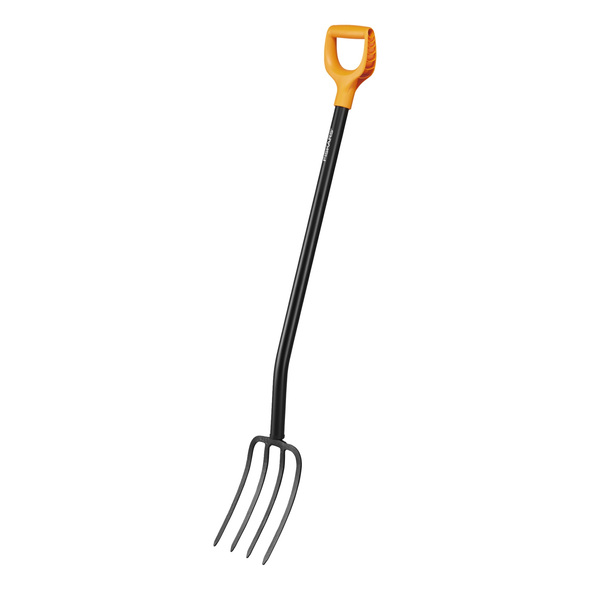 Fiskars Gardening Solid gaffel har svart håndtak, oransje D-formet grep og fire metallpigger.