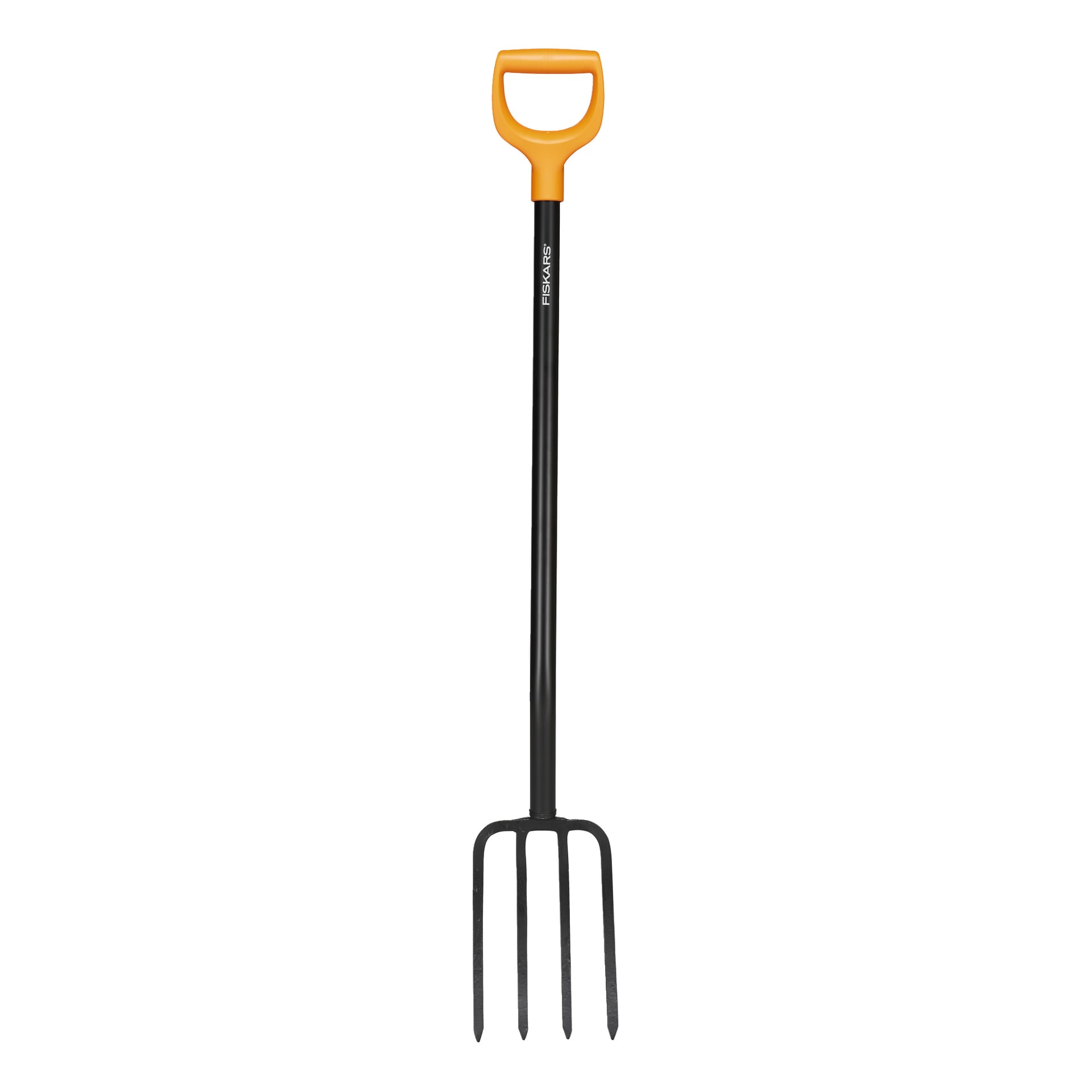 Fiskars Gardening gaffel Solid med svart håndtak, gult D-formet grep, fire metallpigger og Fiskars-logo på skaftet.