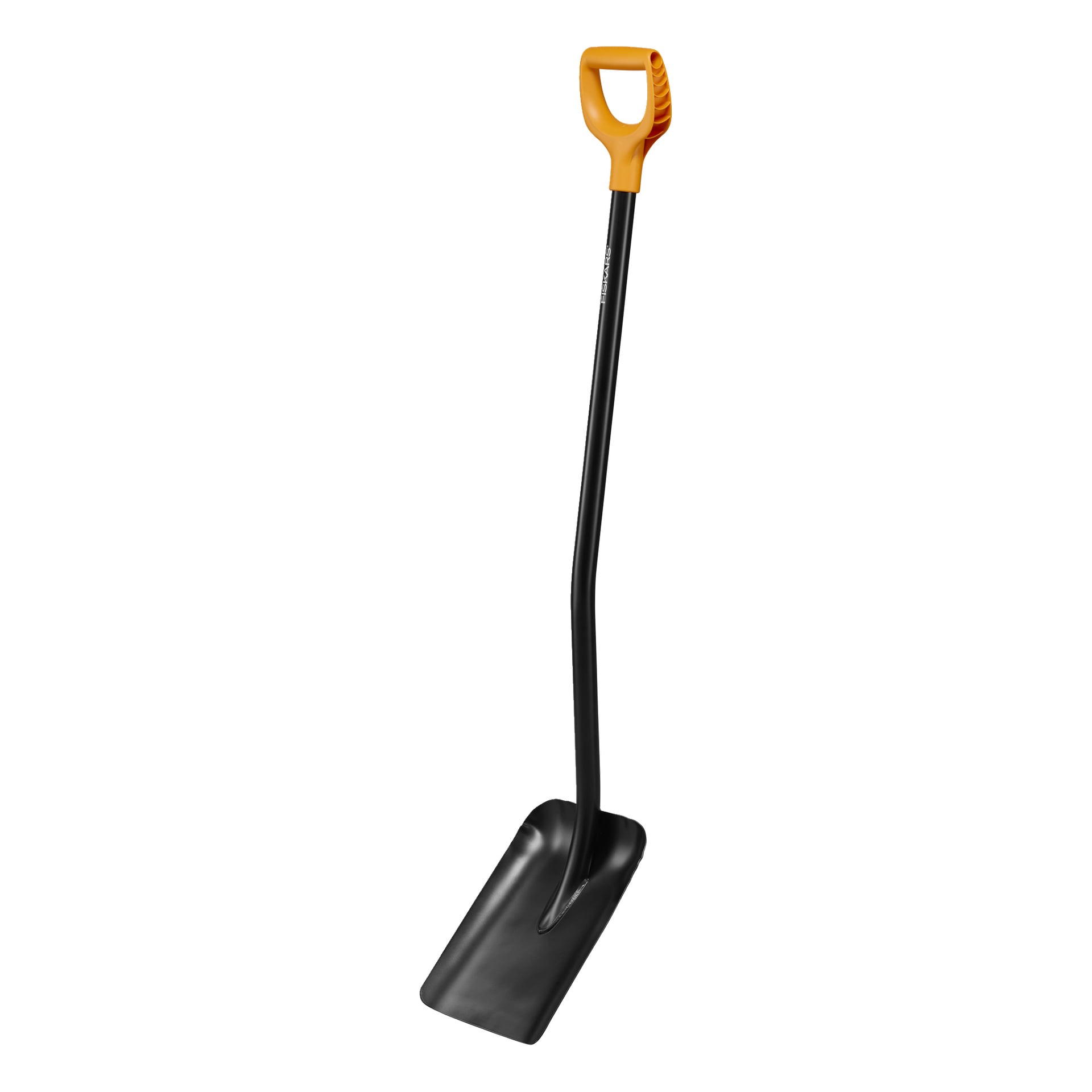 Fiskars Shovel Solid har et langt håndtak, et flatt rektangulært svart blad og et gult D-formet grep.