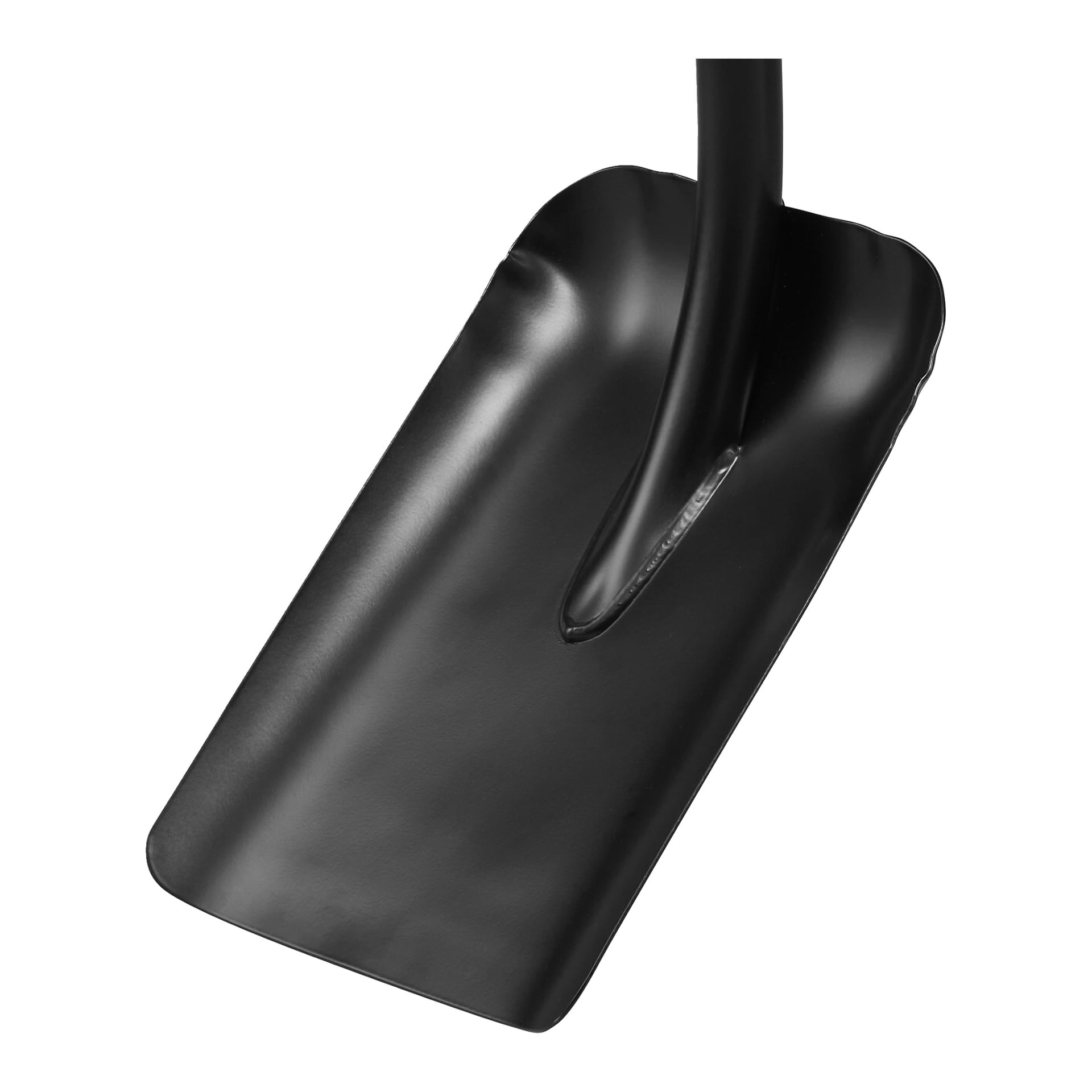Et nærbilde av Fiskars Shovel Solid fremhever det svarte rektangulære bladet festet til et buet håndtak.