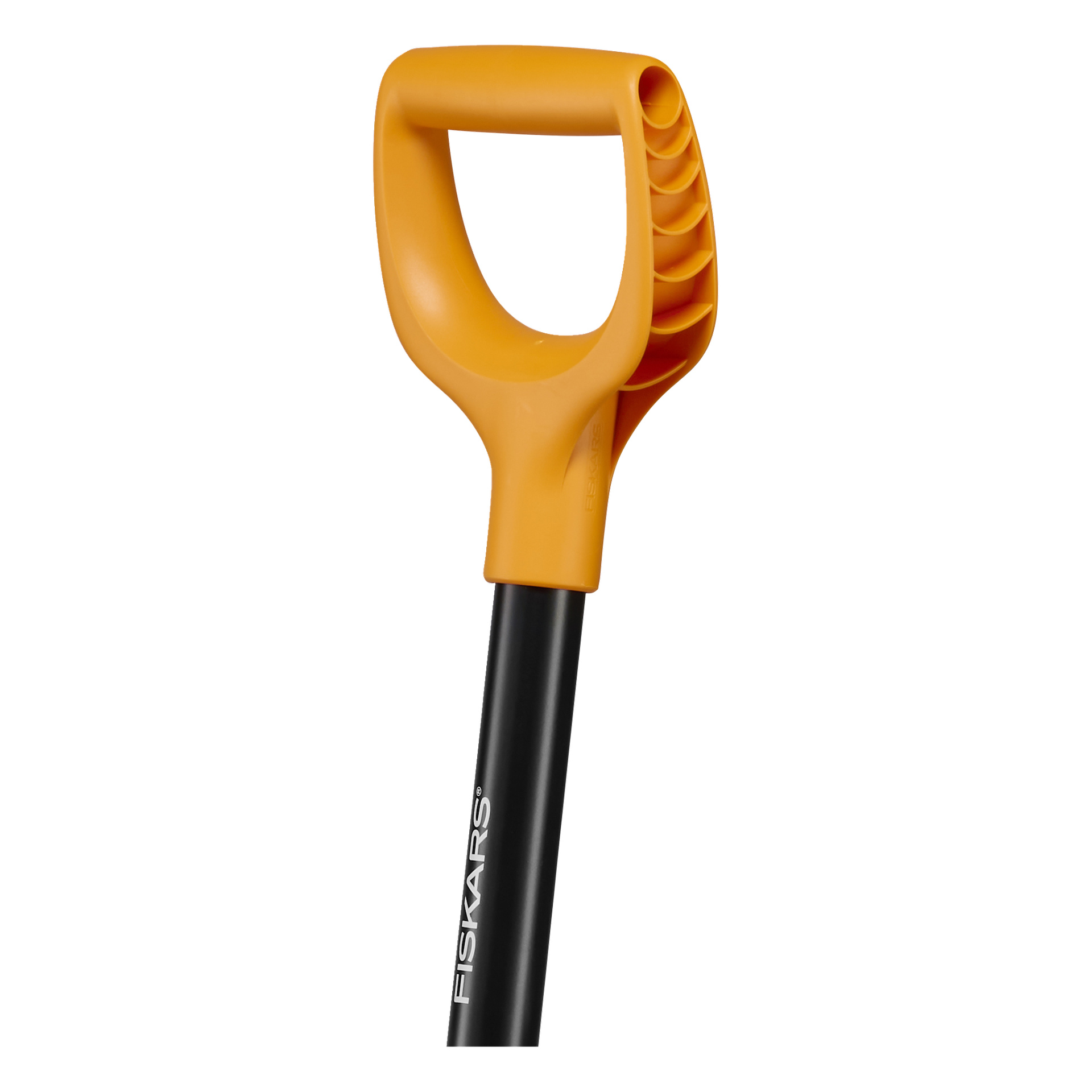 Nærbilde av Fiskars Shovel Solid-håndtaket, som viser et ergonomisk D-formet oransje grep og et svart skaft med Fiskars-logoen.