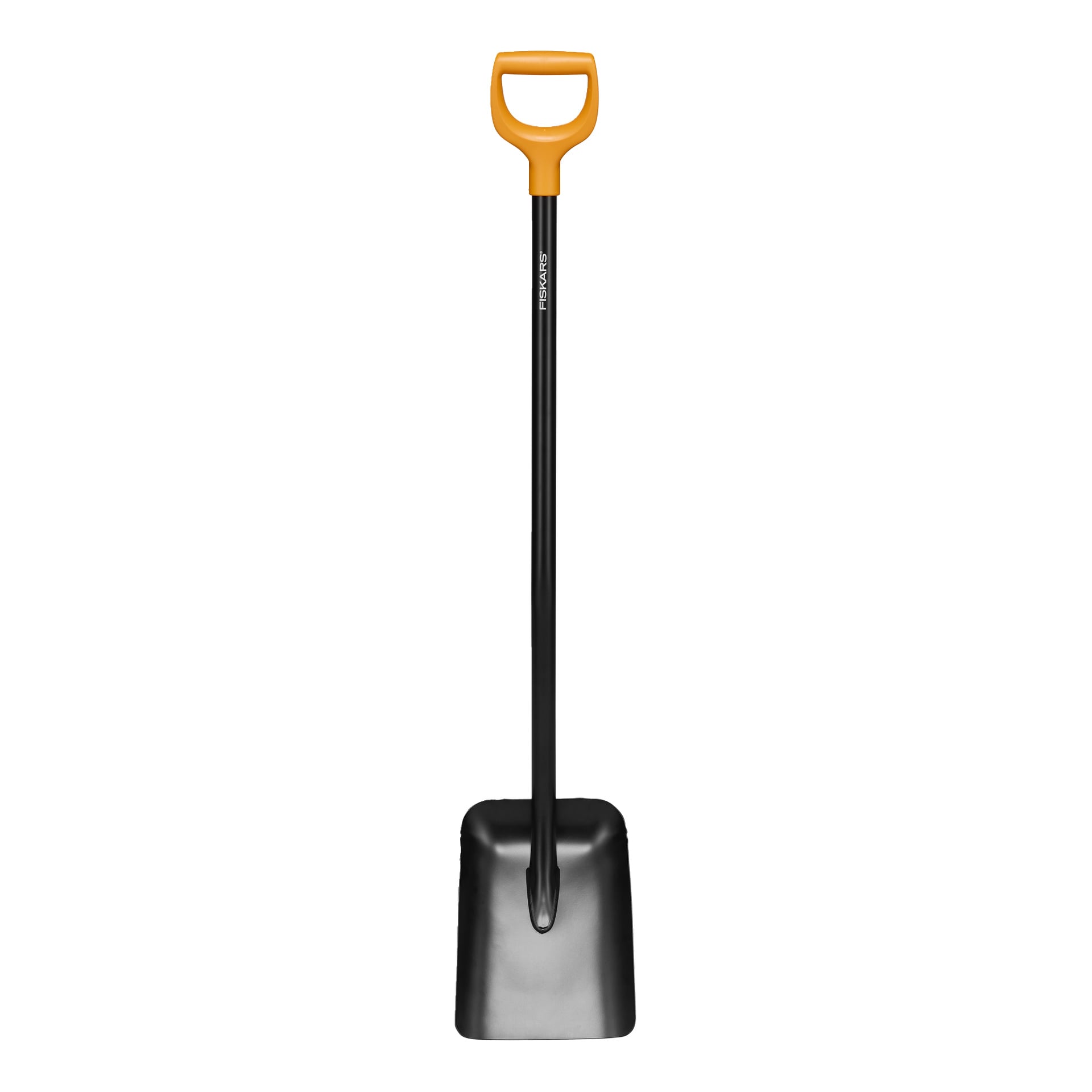 Fiskars Shovel Solid er en svart spade med et bredt, flatt metallblad og et gult D-formet håndtak som viser merkenavnet.