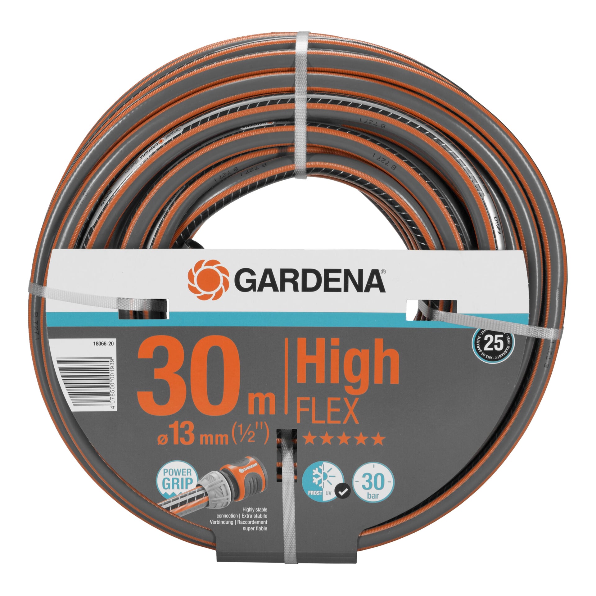 Spiralad Gardena Comfort HighFLEX trädgårdsslang, 30m x 13mm, med förpackning som visar varumärkeslogotyp, storleksdetaljer och 25 års garanti.