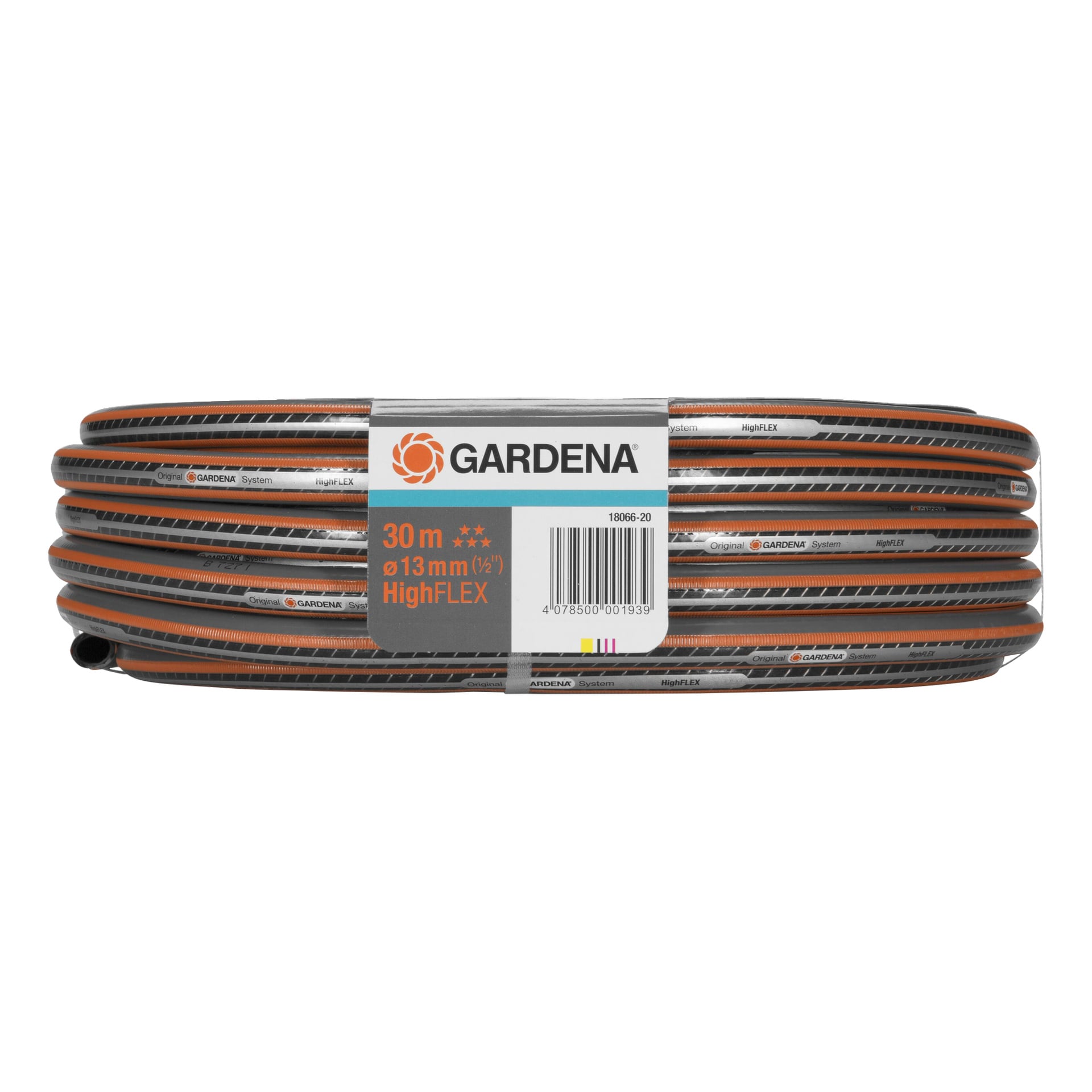 En grå spiralad Gardena HighFLEX trädgårdsslang, 30 meter lång och 13 mm tjock, med orange detaljer och en produktinformationsetikett fäst.