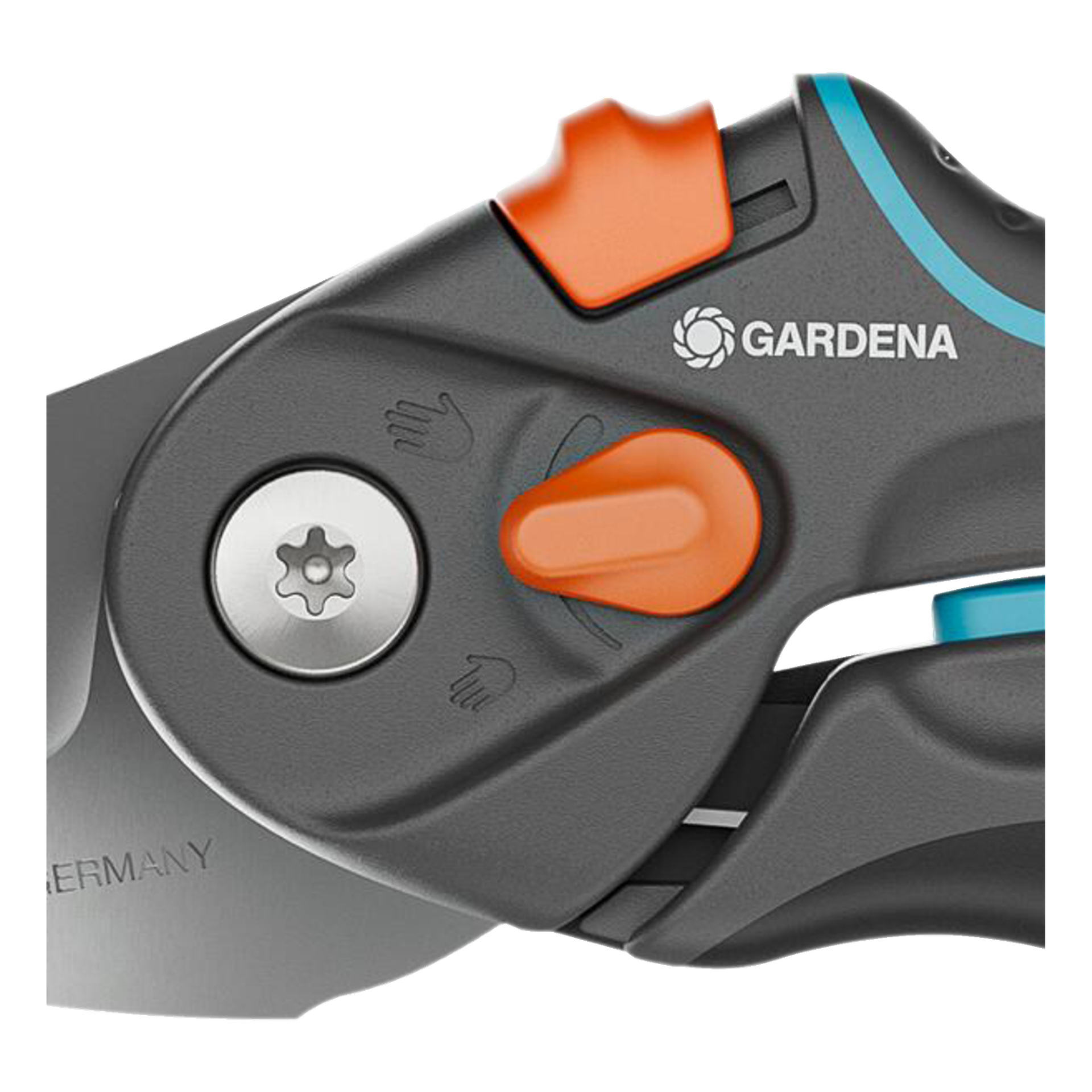 Detaljerad vy av Gardena Secateurs PremiumCut pro flex med metallblad, justeringsratt, orange låsbrytare och blå detaljer.