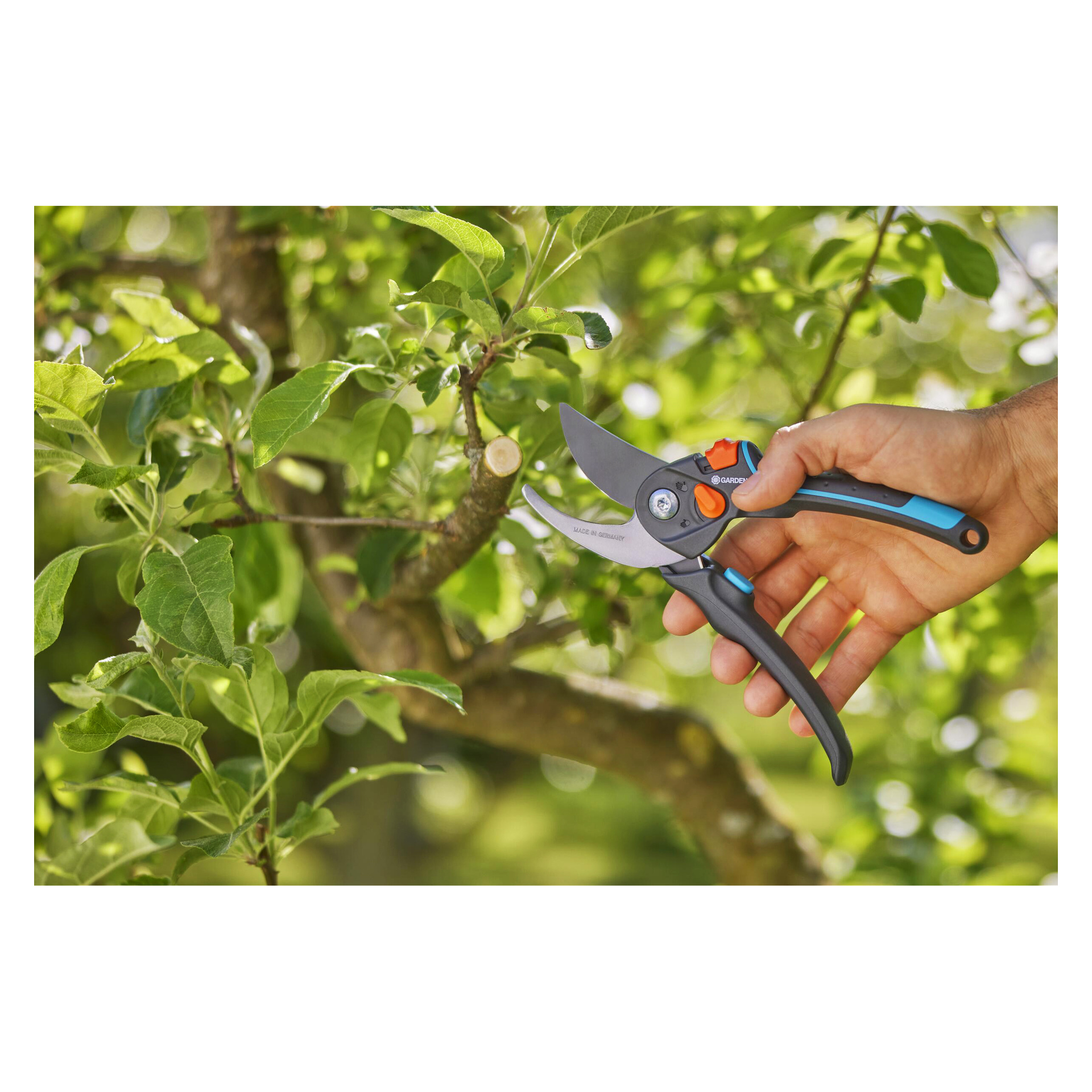 En hand klipper en liten gren från ett lövigt träd med Gardena Secateurs PremiumCut pro flex, med gröna blad i bakgrunden.
