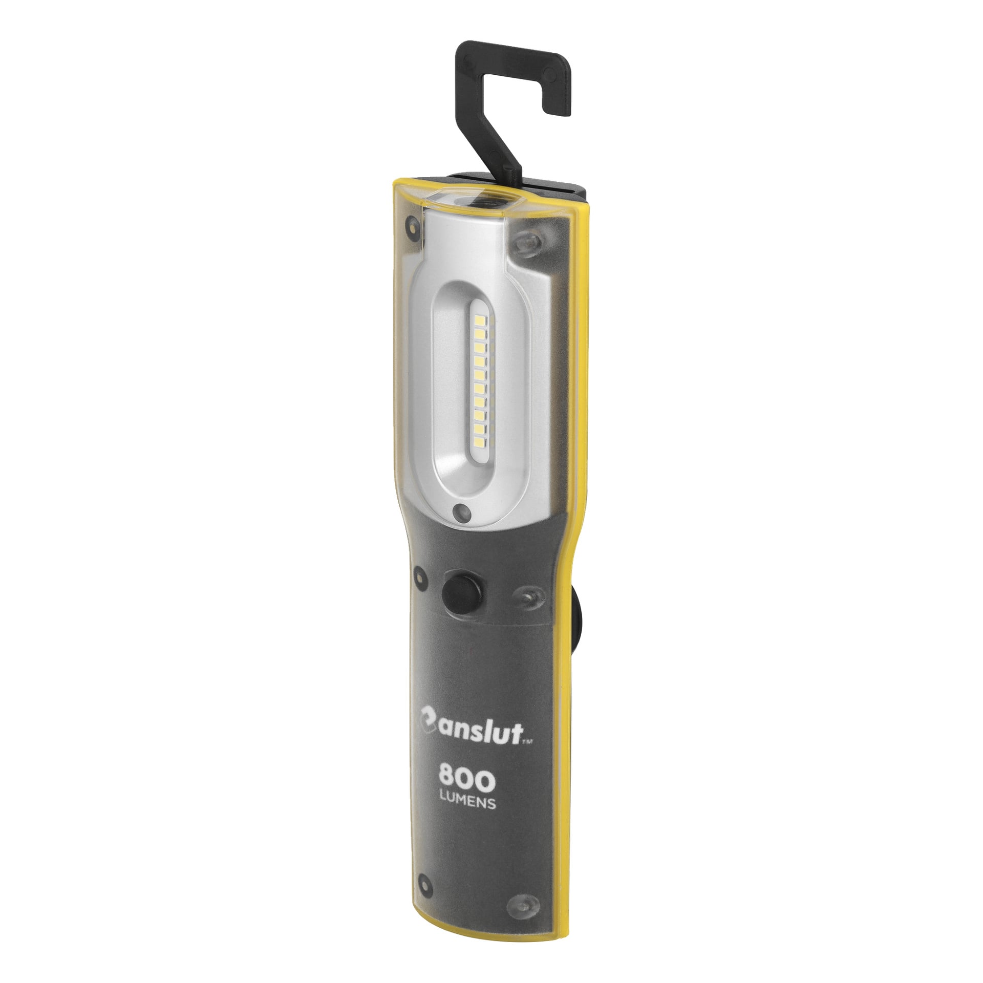 Żółto-szara, ładowalna lampa robocza Anslut z czarnym hakiem, centralnym rzędem LED i "Anslut 800 lumens" na uchwytie.
