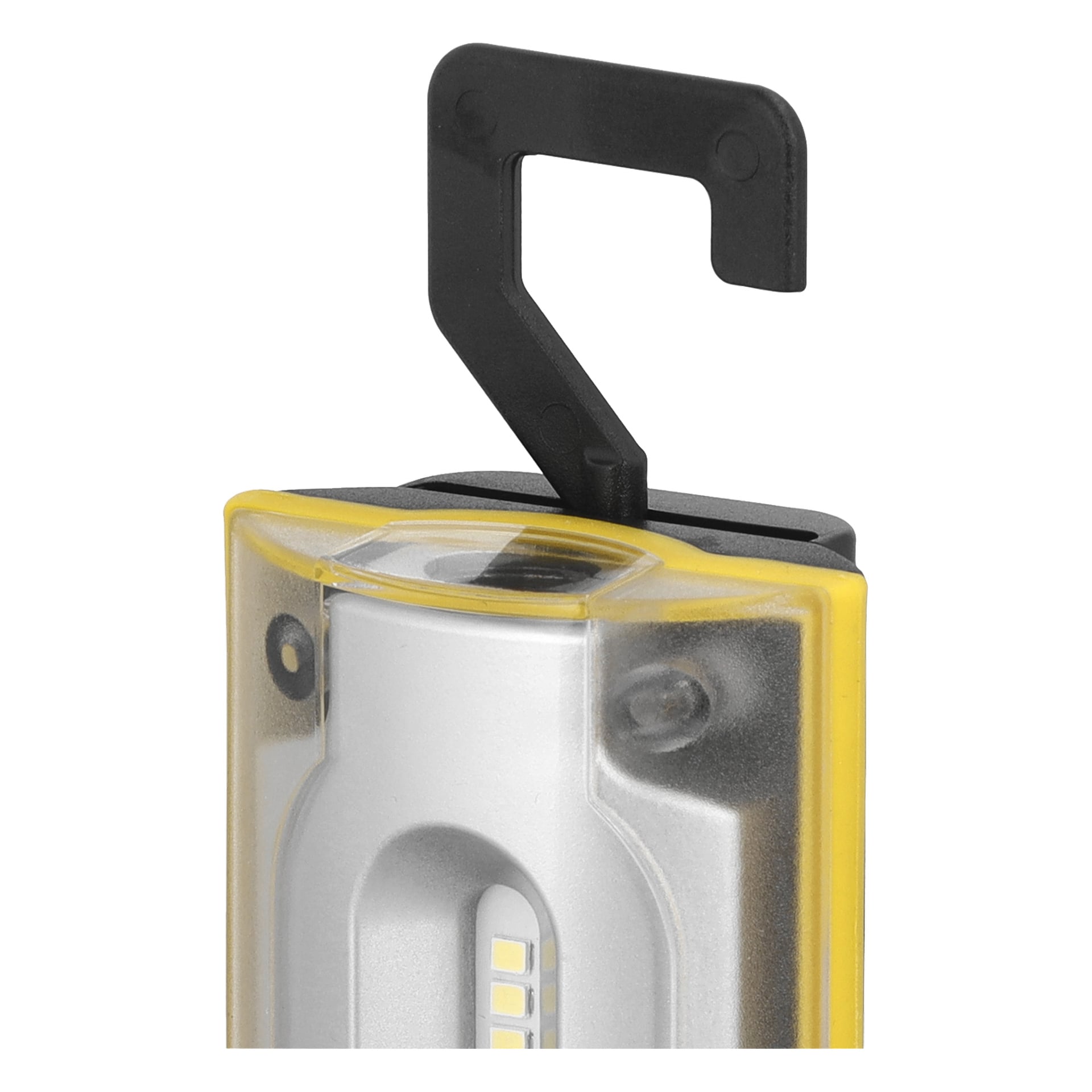 Zbliżenie na lampę roboczą Anslut Rechargeable z żółto-szarą obudową oraz czarnym, prostokątnym hakiem na górze.