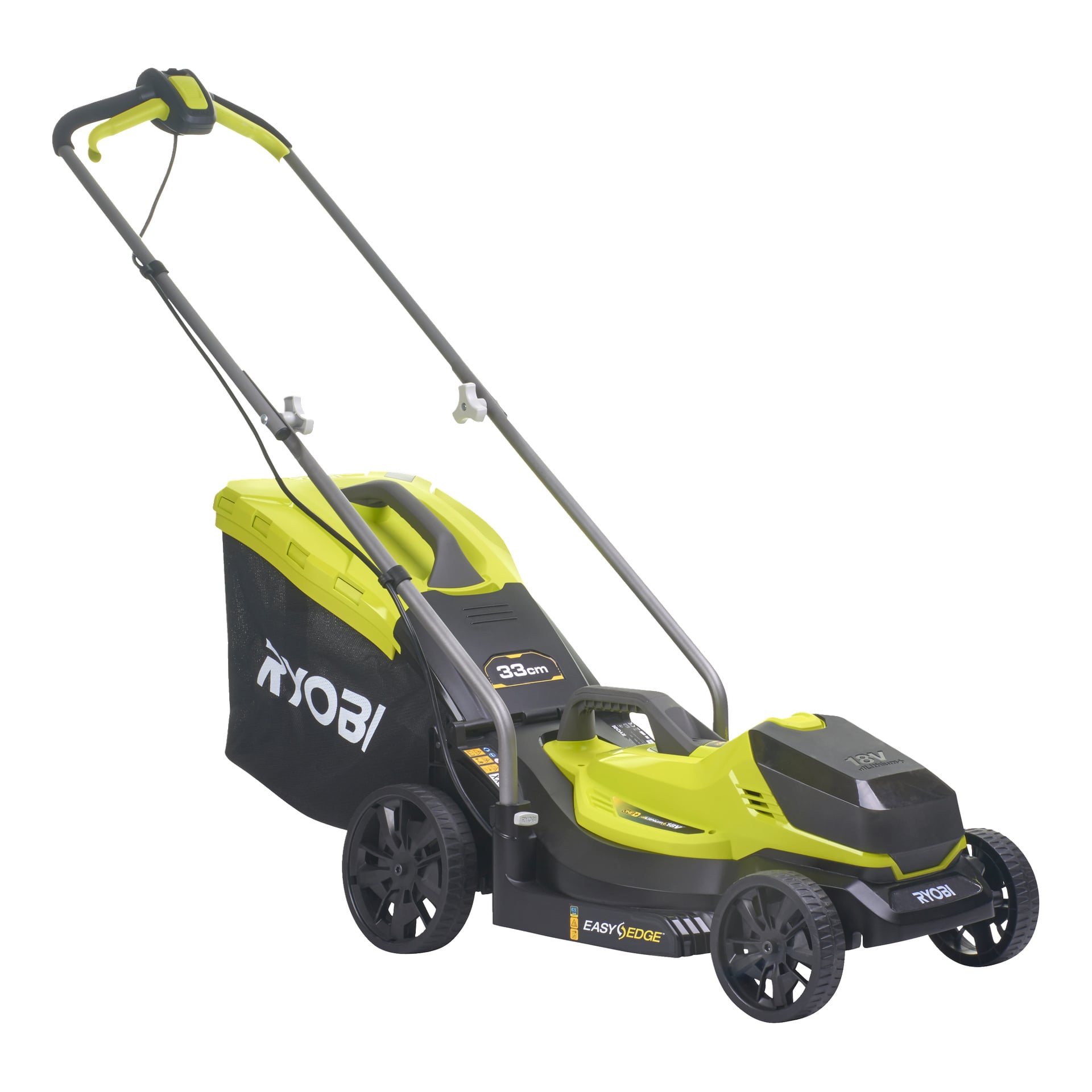 En Ryobi One+ batteridrevet gressklipper OLM1833B-0 med limegrønt og svart design, "gressoppsamlingspose", store bakhjul og skyvehåndtak.