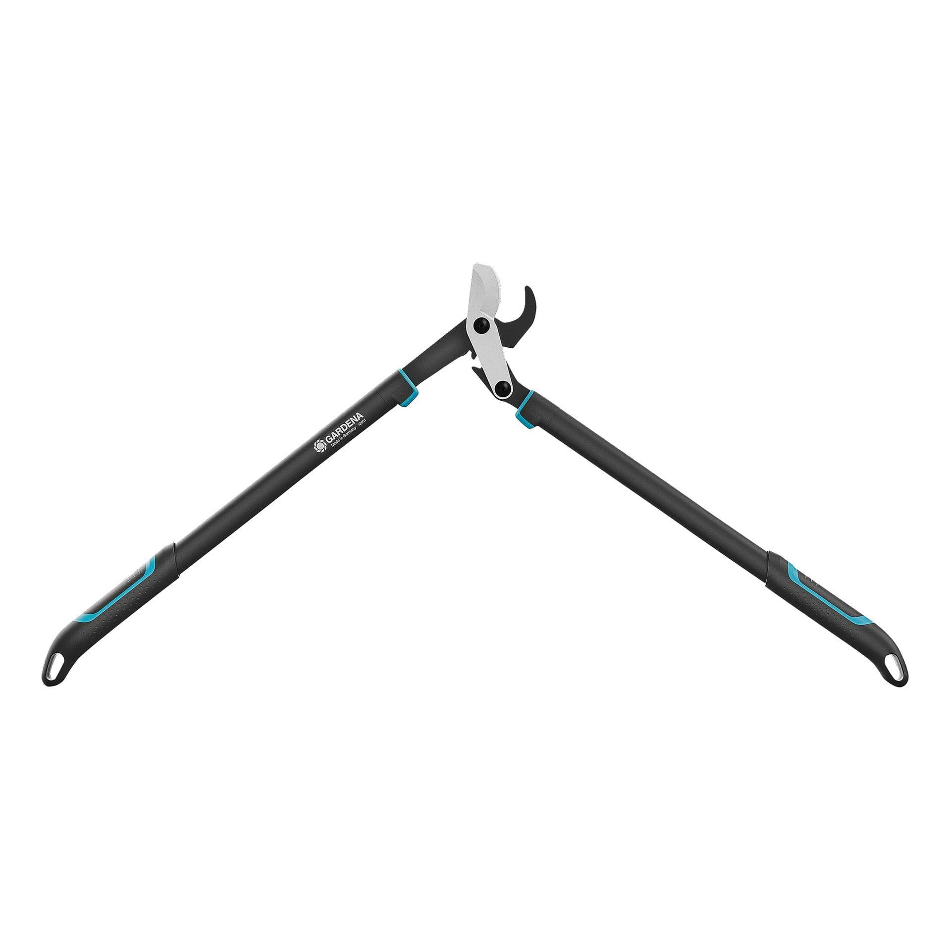 Gardena Lopping Saxs EnergyCut Pro L är svarta och silverfärgade taks med långa handtag, blå detaljer och ergonomiska grepp.